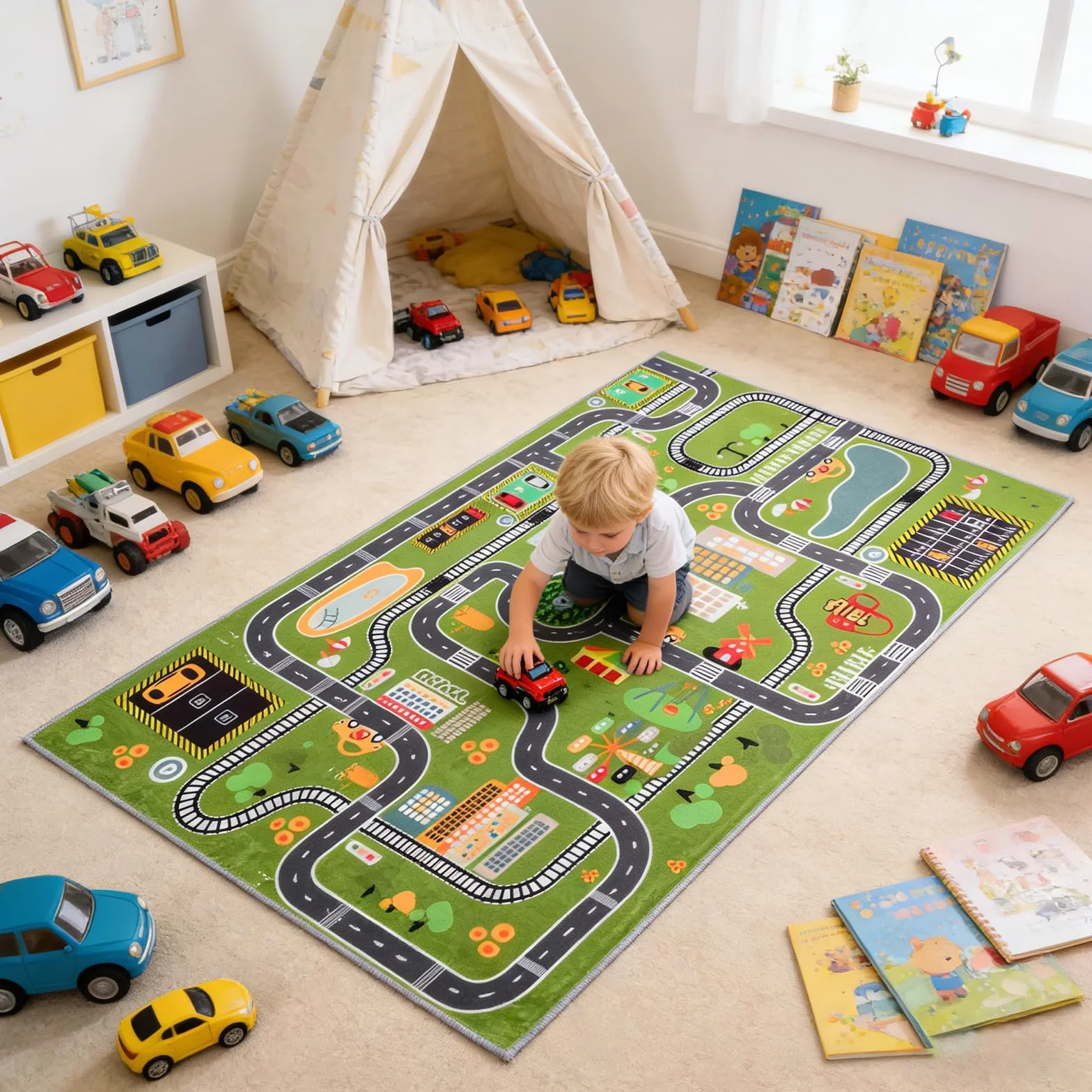 Tapis de Jeu éducatif Plan de Ville, Sol épais rembourré pour Chambre de garçon, Apprentissage interactif avec stationnement et Panneaux de signalisation