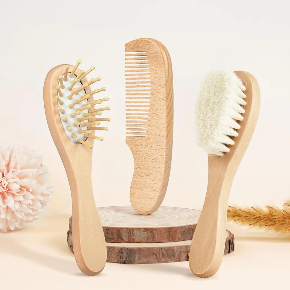 Brosse Cheveux Bébé en Bois 3pcs Poils de Chèvre Doux pour Enfant Nouveau-né