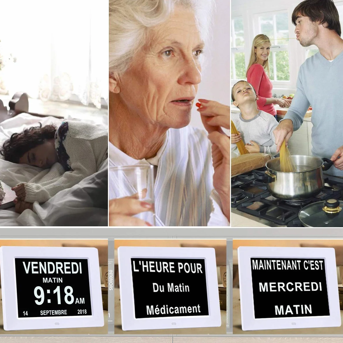 LCD Horloge Numérique 8" Calendrier Date Jour Heure Alzheimer Senior Blanc