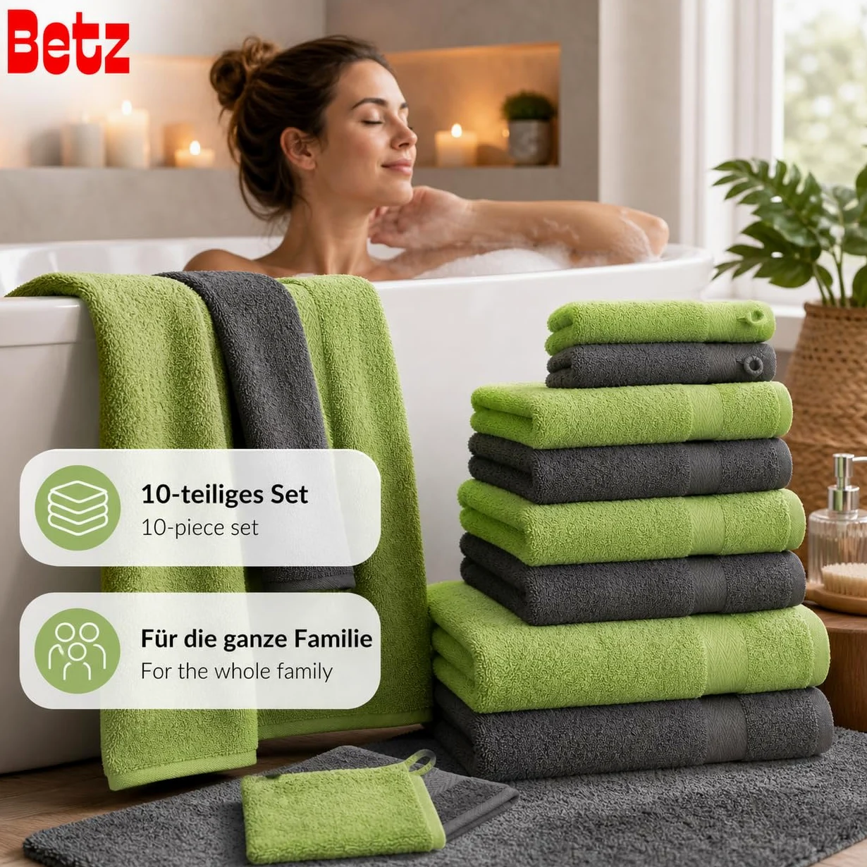 Betz Lot de 10 Serviettes Set de 2 draps de Bain 4 Serviettes de Toilette 2 Serviettes d'invités 2 Gants de Toilette 100% Coton Premium Couleur Vert Pomme, Gris Anthracite