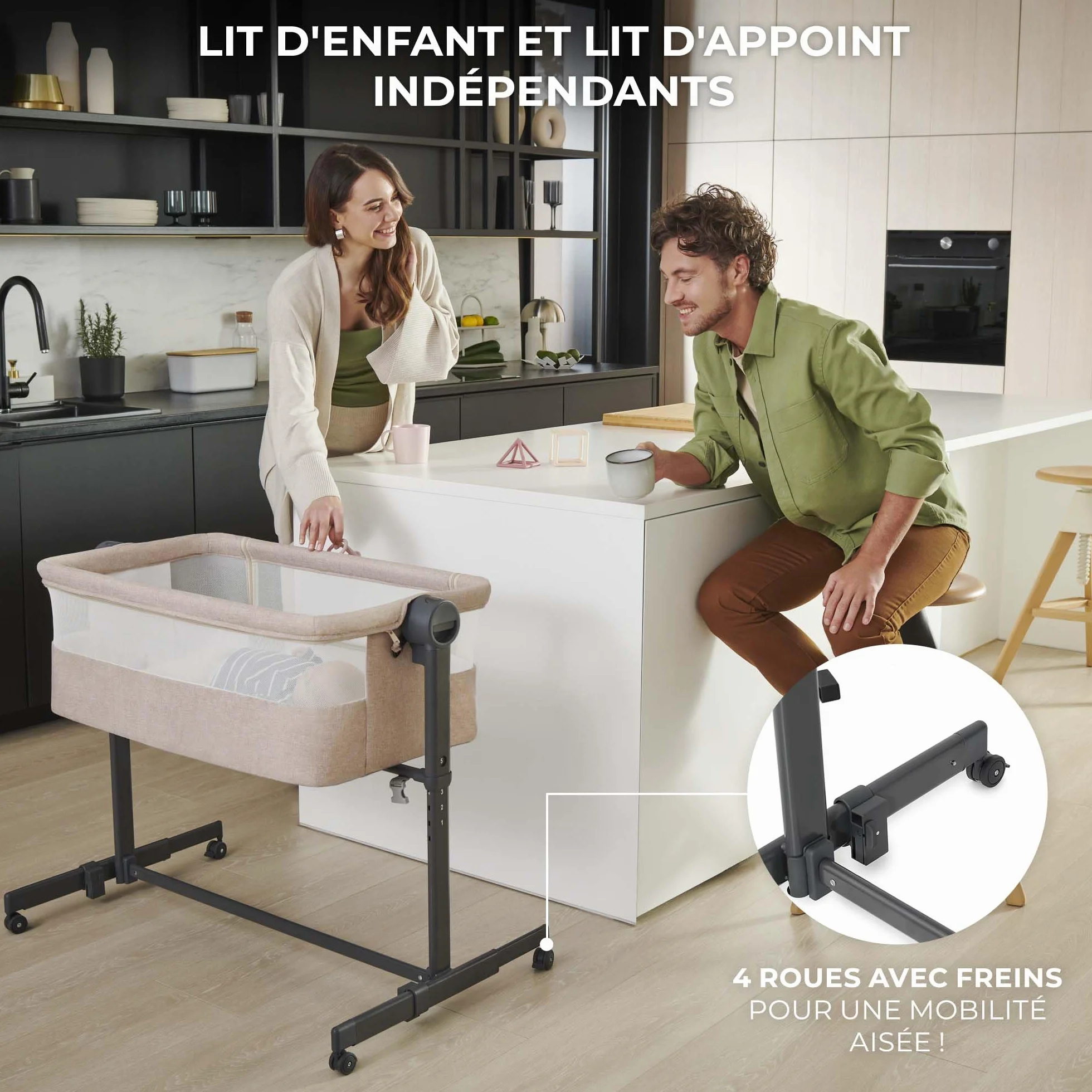 Kinderkraft NESTEE UP 2 Lit bébé cododo avec matelas, réglage hauteur, pieds réglables, gris clair