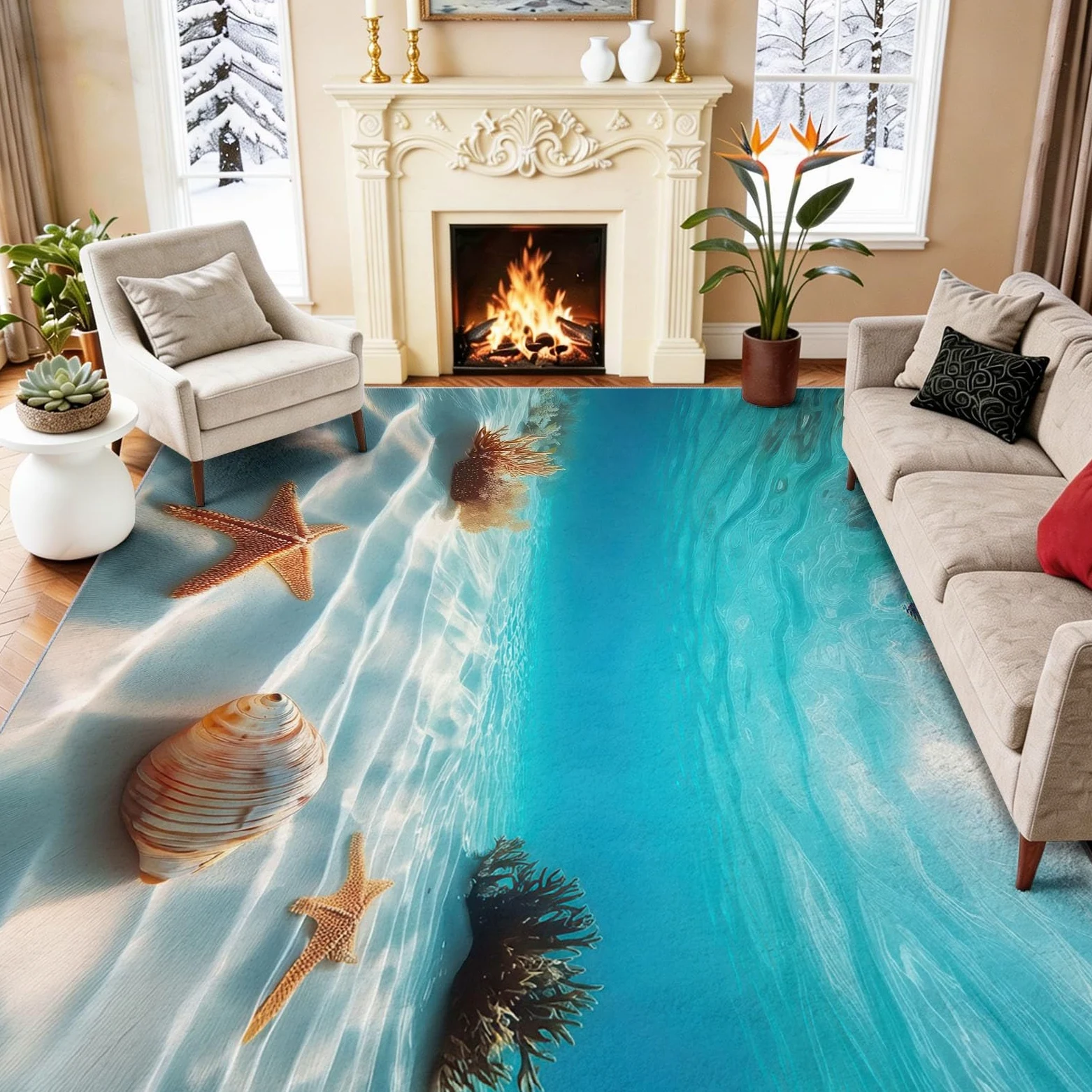 Tapis Poil Ras Antidérapante, Style Décontracté Bleu Et Blanc Lavable Machine Résistante à la Tache Moquette, Monde sous-Marin Plage Étoile De Mer Coquillage Tapis pour Couloir Chambre, 100 x 150 cm