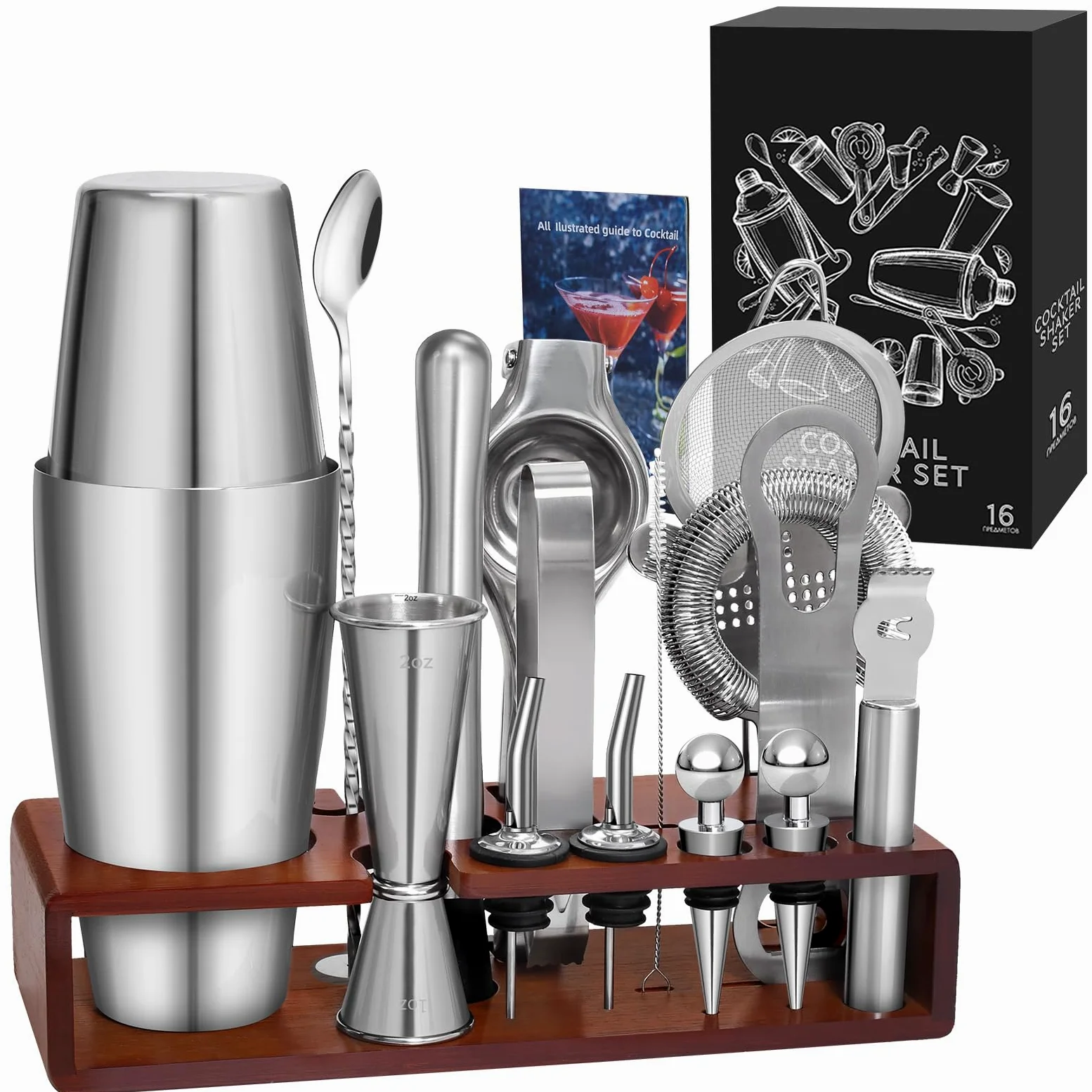 Sosayet Shaker Cocktail Kit - 825ML Boston Shaker INOX + Doseur Cocktail + Pilon + Accessoire Bar - Professionnel Kit Barman Mojito pour Cadeau Homme