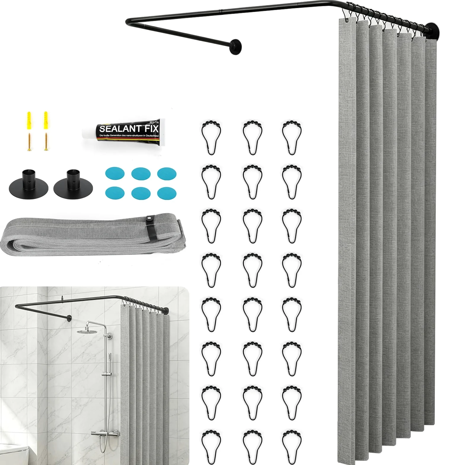 Tringle Douche en U Sans Perçage, Barre Extensible avec Kit Rideau Douche | Kit Complet avec Rideau Douche Imperméable, Anneaux et Colle Sans Clou pour Douche d'angle, Petites Salles de Bain, Vestiaire