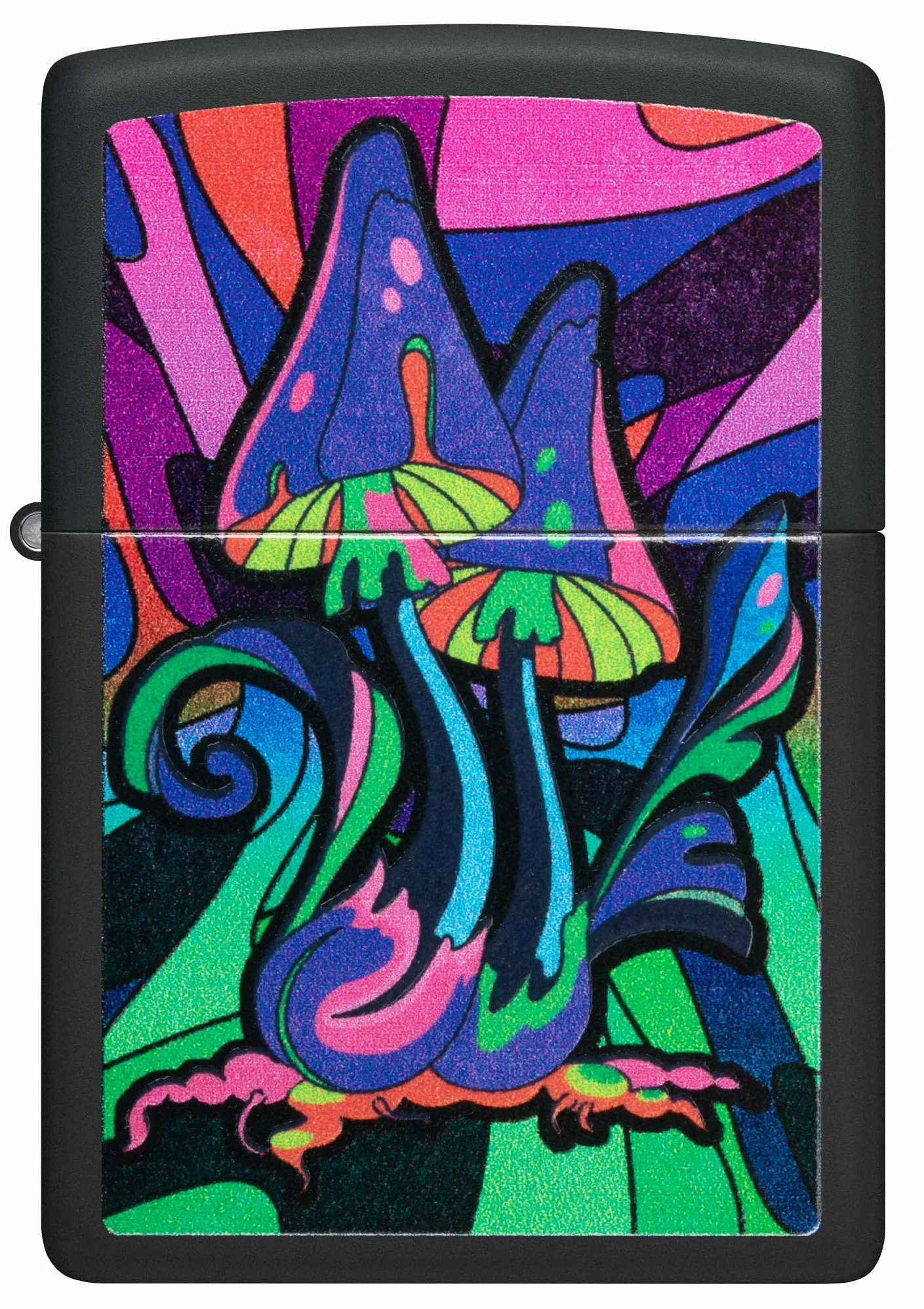 Zippo - Briquet Tempête Motif Champignons Psychédéliques Et Galaxie/Contre-Culture, Noir Mat, Lumière Noire, Rechargeable, Réutilisable, Coupe-Vent, Coffret Cadeau, Fabriqué Aux États-Unis