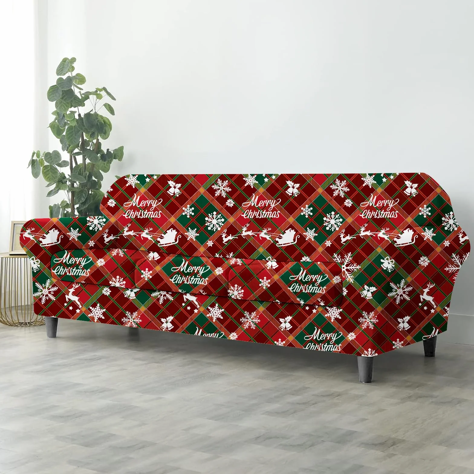 Lot de 4 Housses de Canapé 3 Places Noël Élastiques Extensibles Imprimées avec Accoudoirs Douces Antidérapantes Flocons de Neige