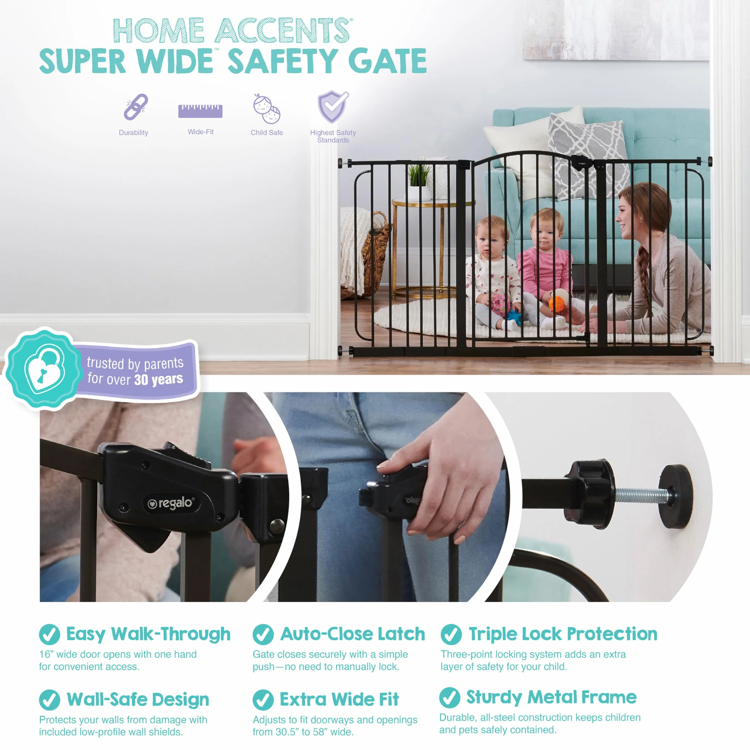 Regalo Safety Super Wide Arched Baby Gate 75-150cm Pressure Mounted Bronze