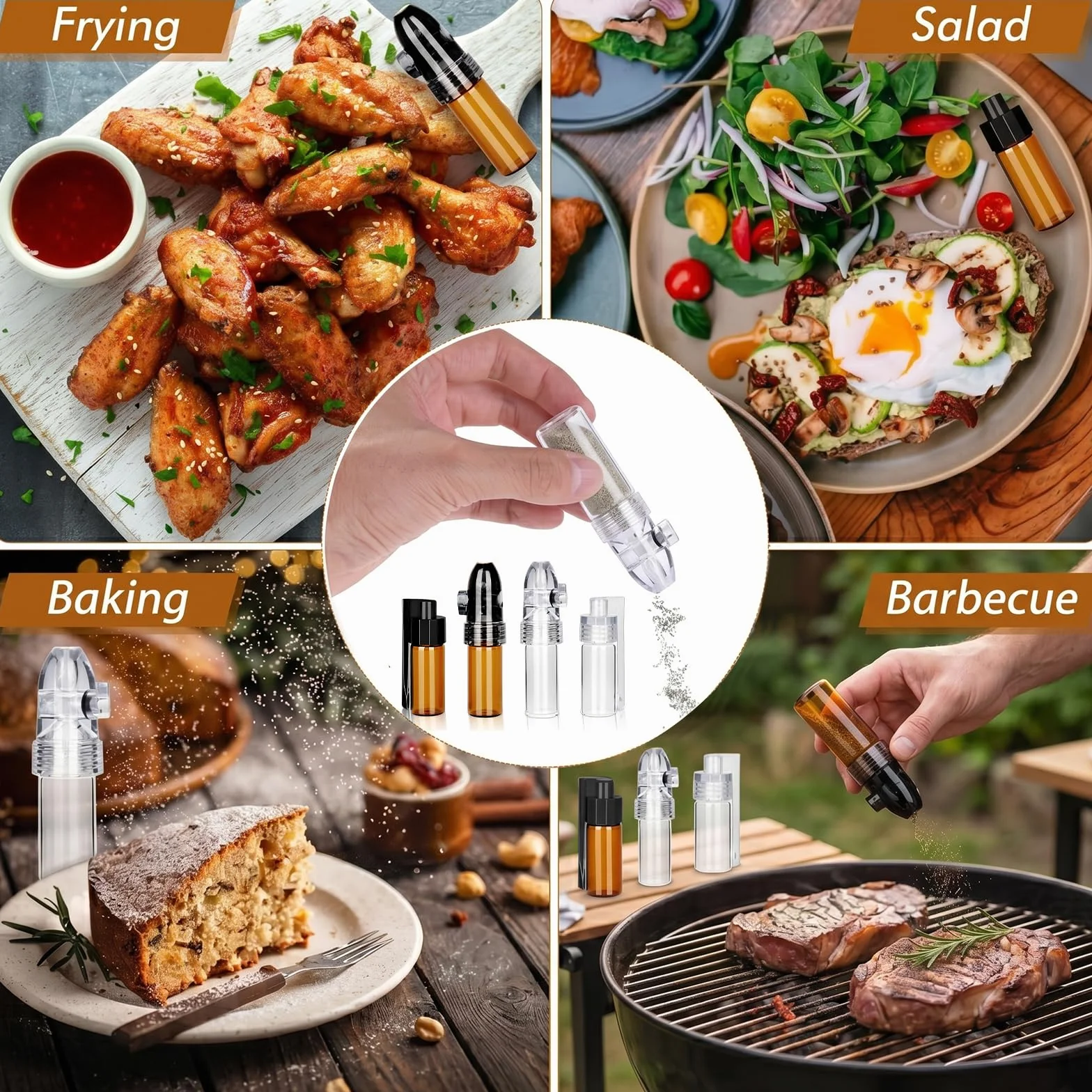 Distributeurs de Poudre d'Épices Lot de 4 avec Cuillère, 2 Bruns 2 Blancs, Flacons 51mm 68mm, Entonnoir Inclus