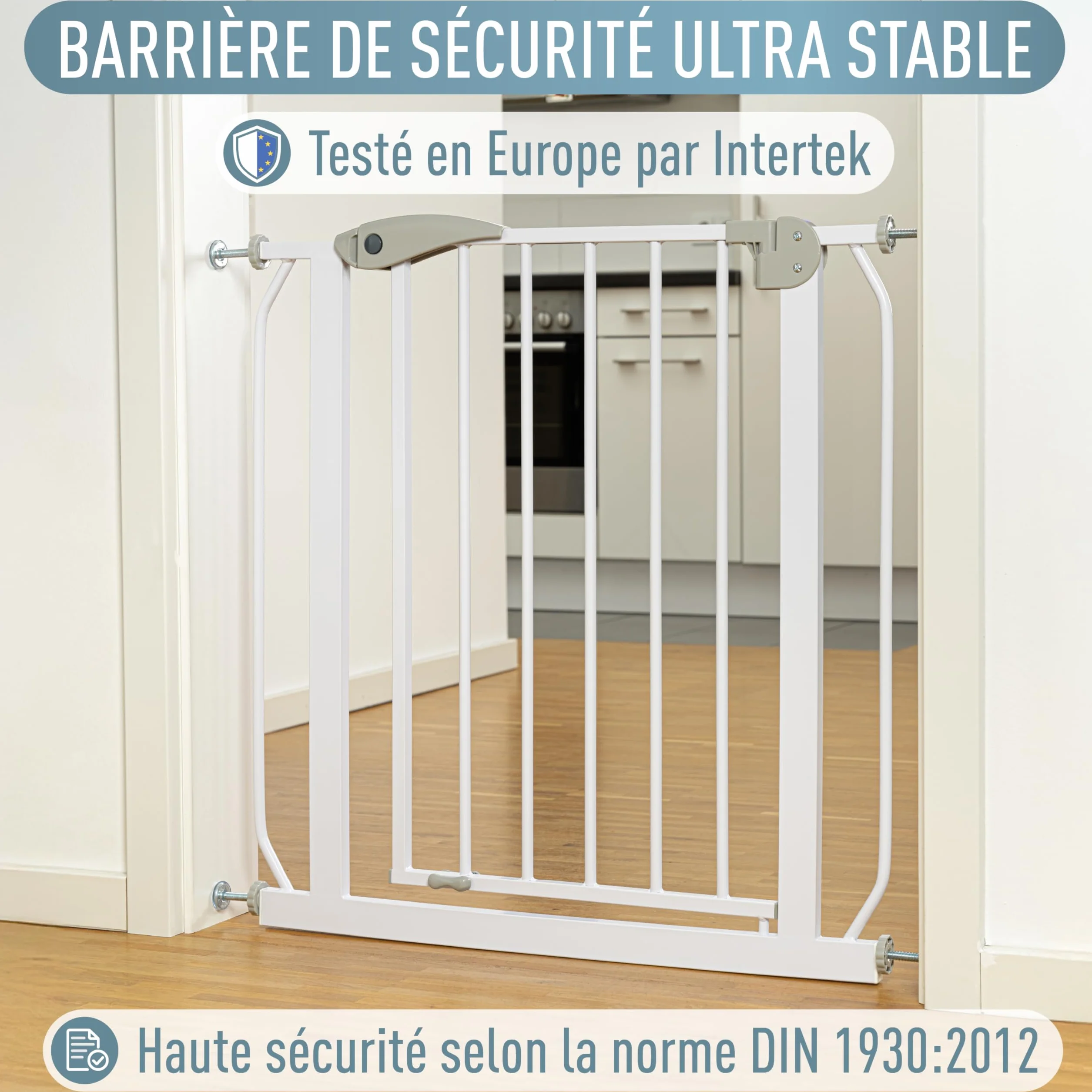 Barrière de Sécurité Berrin 58-185, sans Perçage, Fixation par Pression, pour Enfants 6-24 Mois, Blanc Gris, 85-95 cm