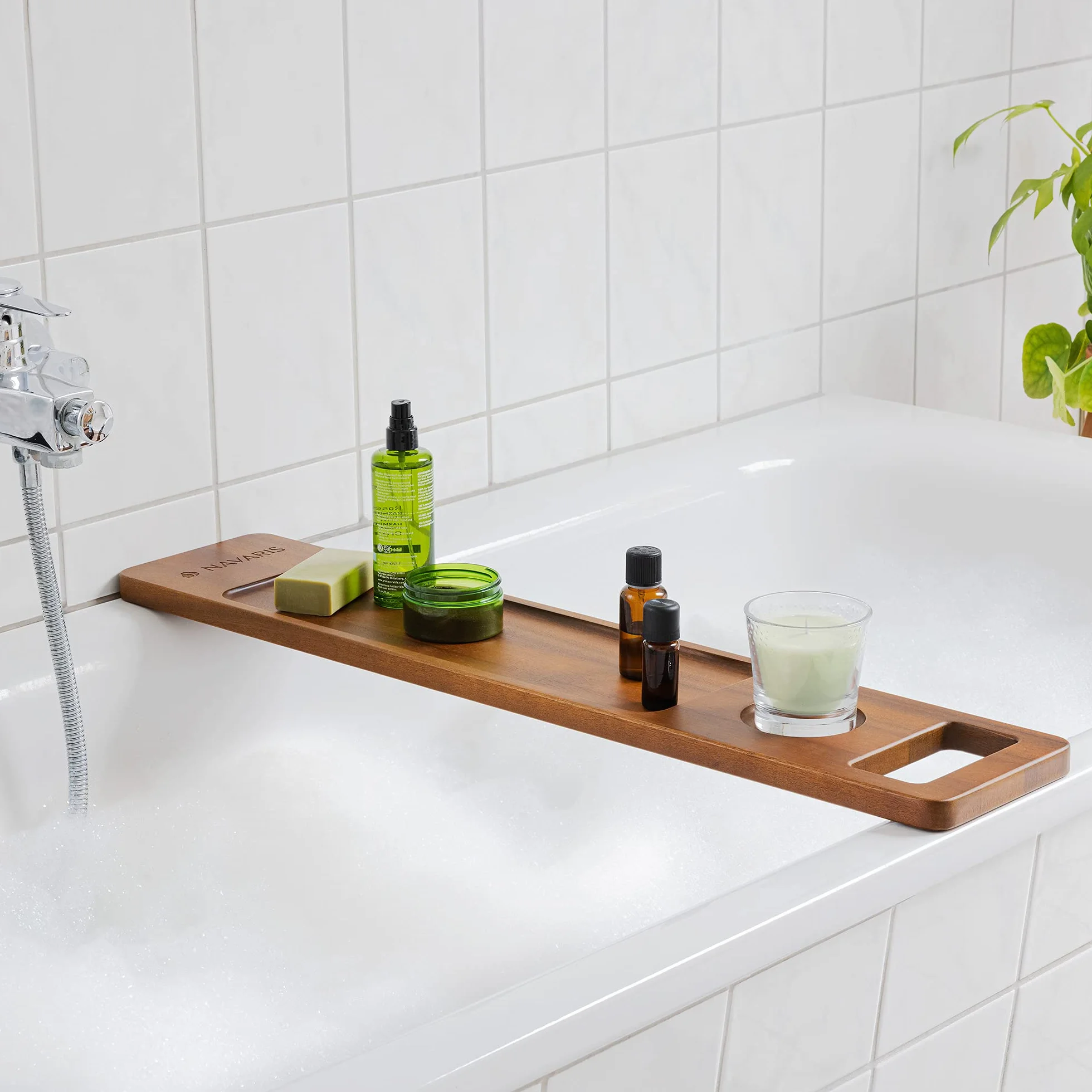 Navaris Pont de Baignoire en Bois Plateau de Bain 74,9 x 15,2 x 2 cm avec Support Tablette Livre téléphone Verre