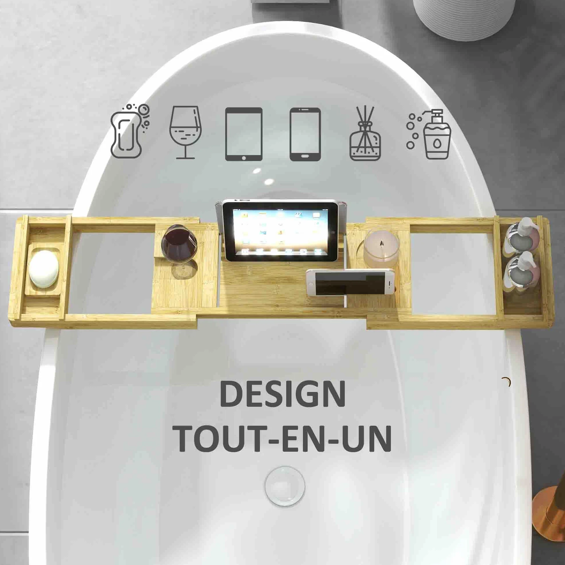 HOMCOM Pont étagère Plateau de Baignoire Extensible en Bambou 75-109 x 23 x 4,5 cm