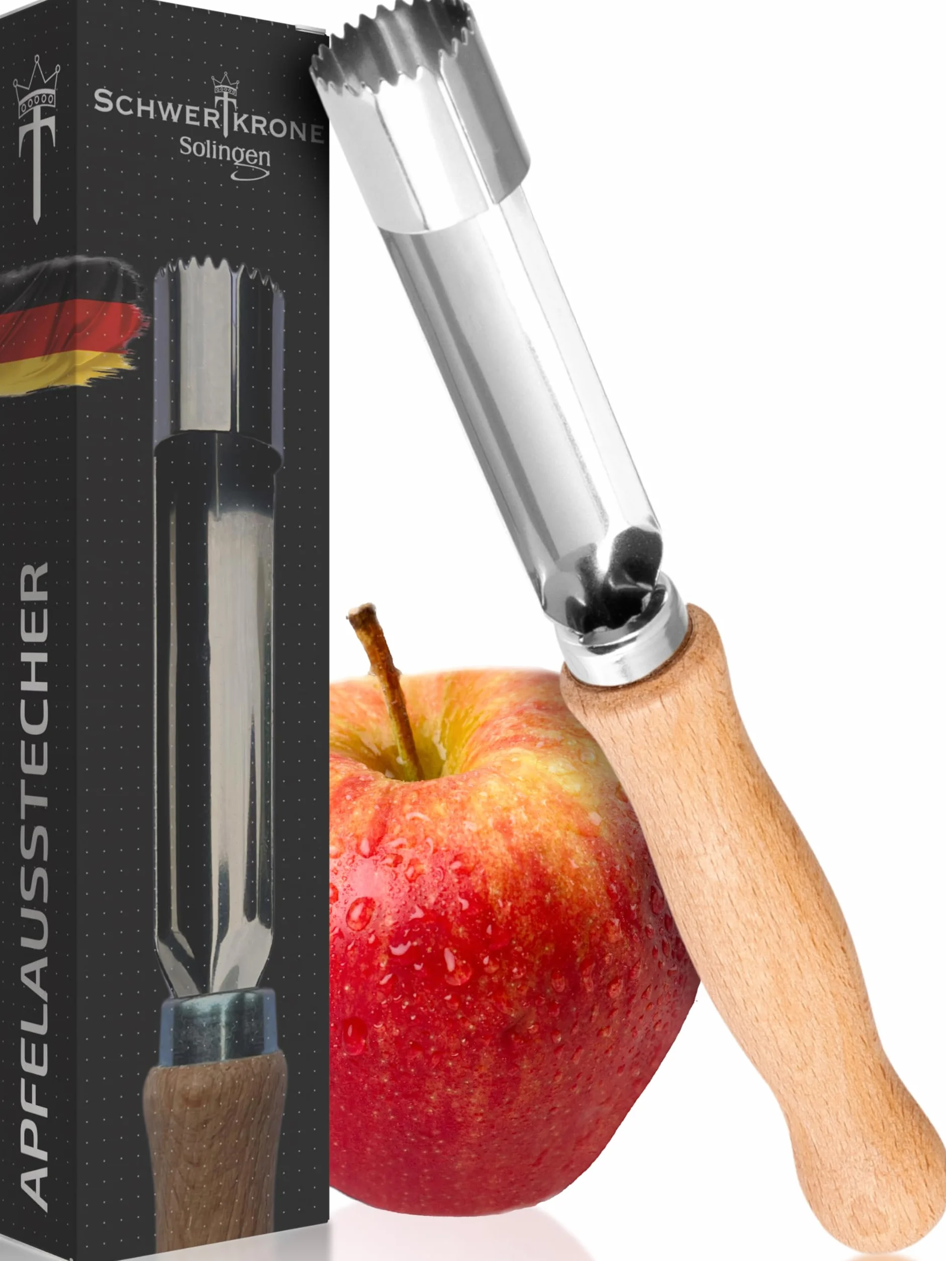 SCHWERTKRONE® Vide Pomme MADE IN GERMANY Éplucheur de Pommes Enleve Trognon Evideur & Denoyauteur Pomme Bois de Hêtre
