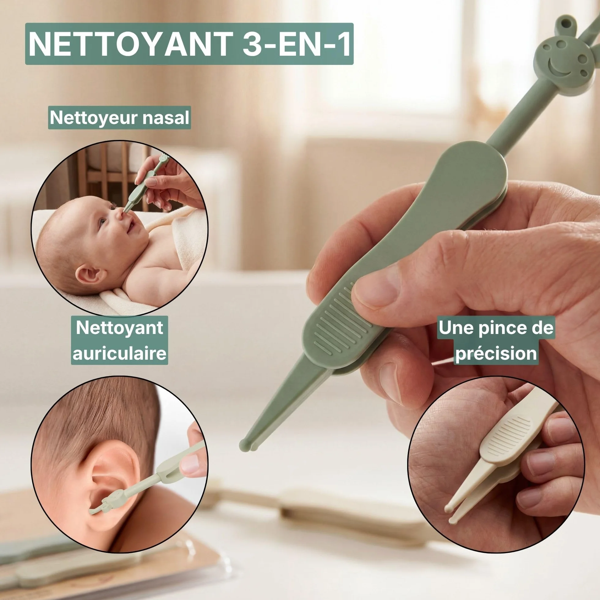 Nettoyeur de nez et d'oreilles bébé 3-en-1 avec pince, sans BPA, Vert/Beige