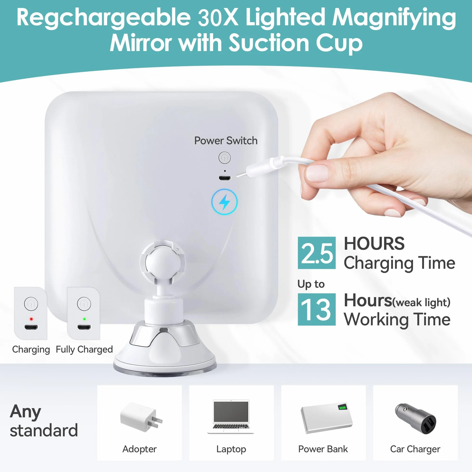 Miroir grossissant 30x avec lumière, maquillage lumineux rechargeable, contrôle tactile, rotation 360°, carré salle de bain voyage