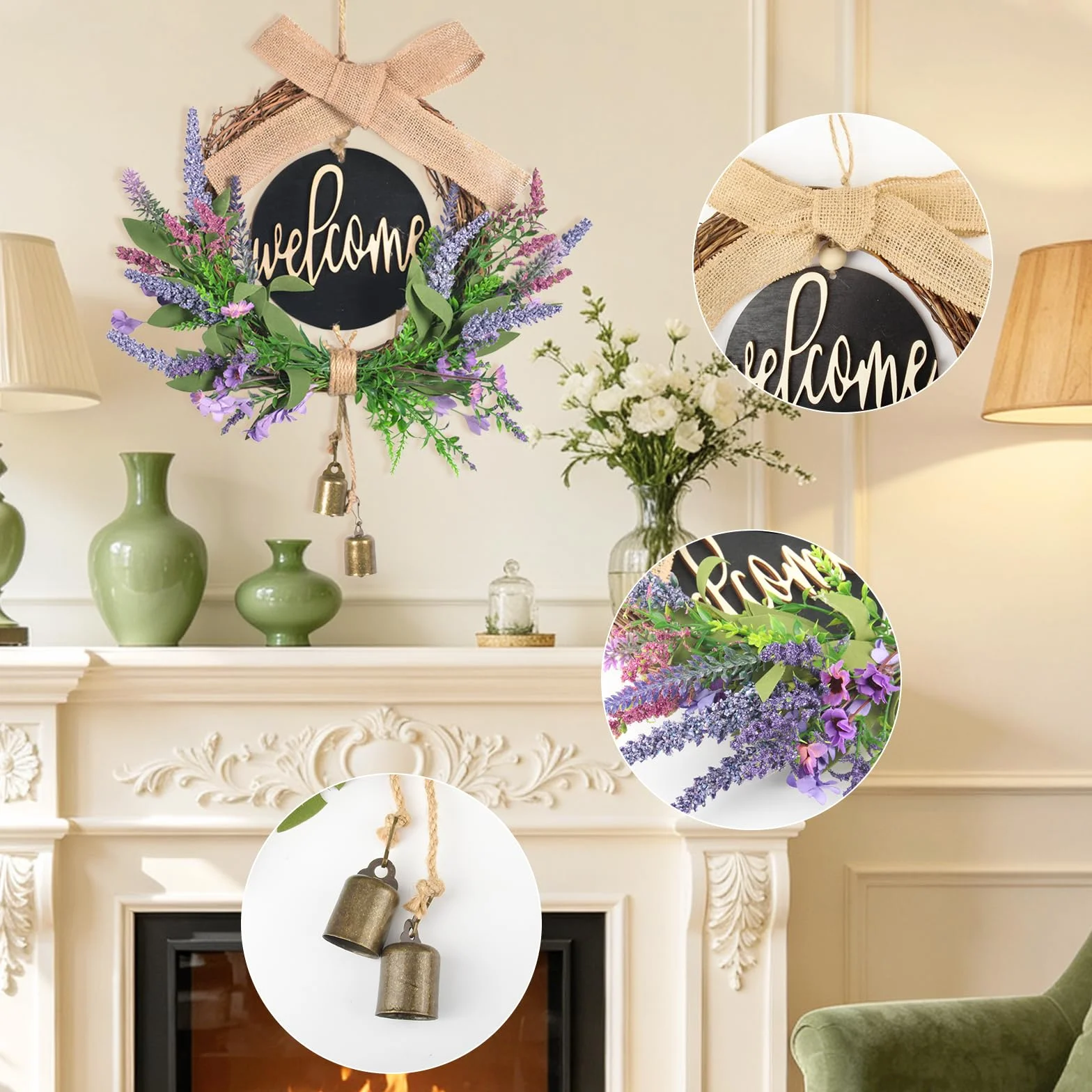 Couronne de Porte Printemps Lavande Artificielle 40cm avec Panneau Welcome, Arcs et Cloches