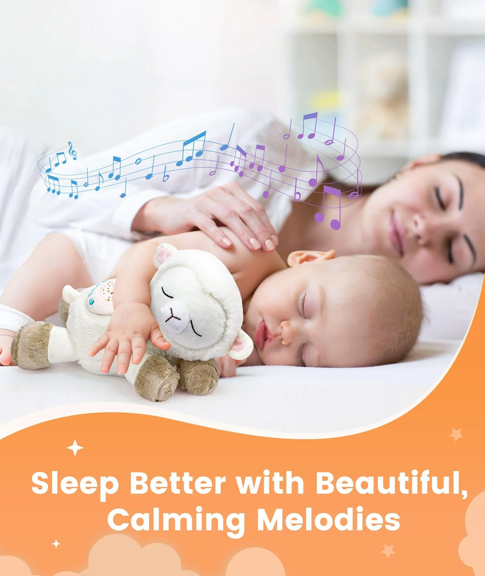 Dreamegg 3-en-1 Jouet Peluche Musical Mouton pour Bébé Sommeil, Veilleuse Bruit Blanc 7 Sons Apaisants, Projecteur Starlight 3 Modèles
