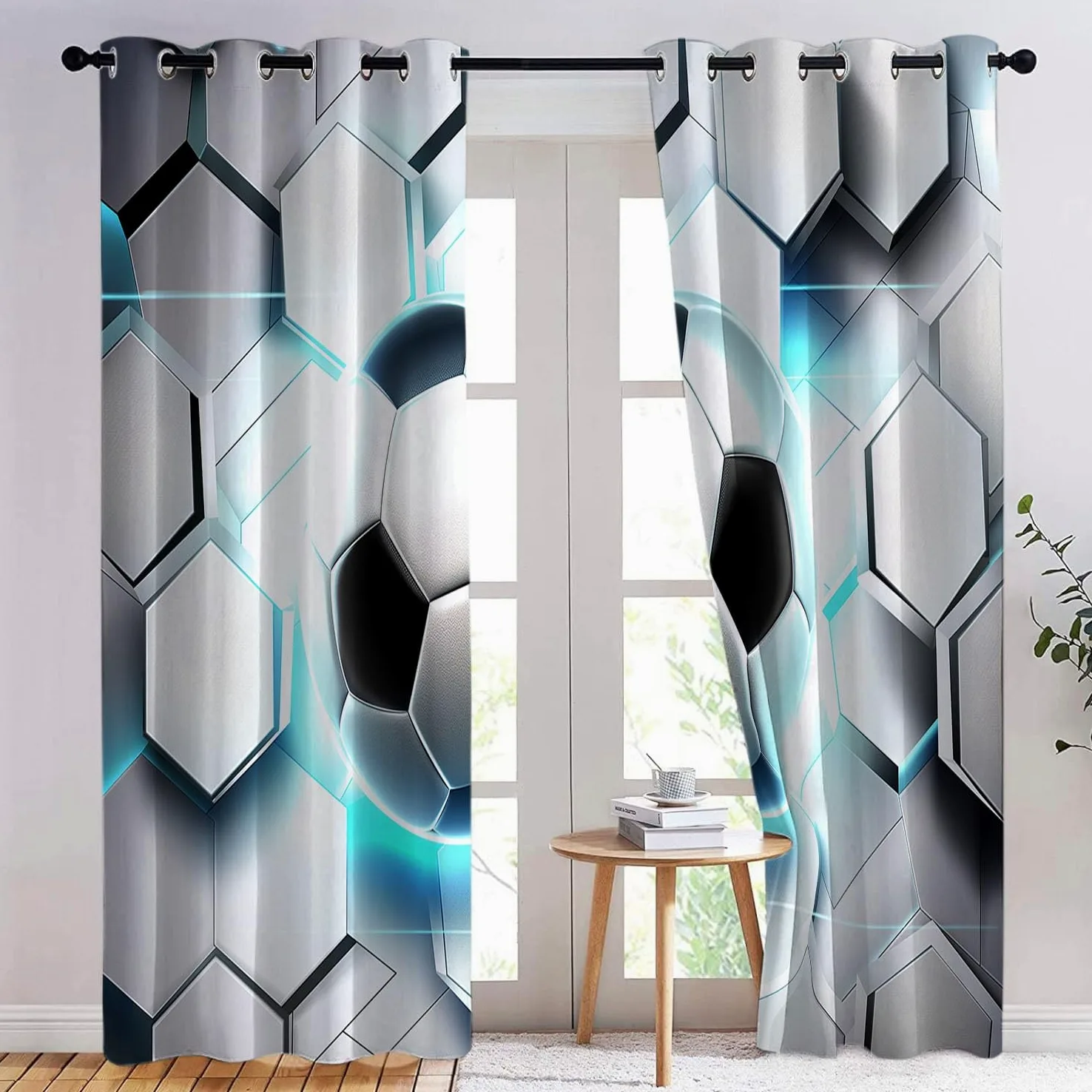 Lot de Rideaux Occultants à Oeillets Isolant Thermique Anti Froid Ballon de Foot Hexagonal animé Imprimés Blanc, Rideaux Salon Chambre pour Enfant Garcon, 110L X 215H cm (2 Panneaux)