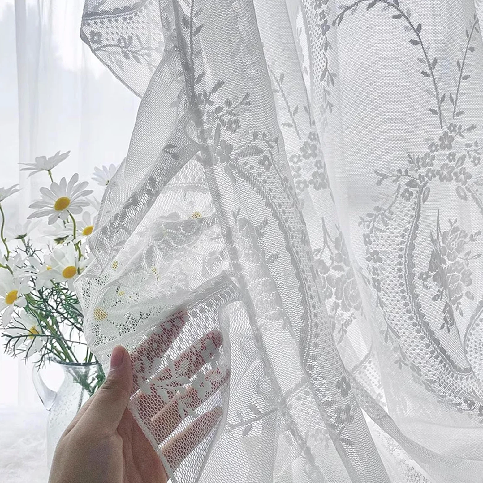 Rideaux en Dentelle Brodée de Fleurs de Style Romantique Français, Long Traitement de Fenêtre Vintage Shabby Chic avec Bord à Volants Festonnés, pour Balcon de Jardin, 1 Panneau
