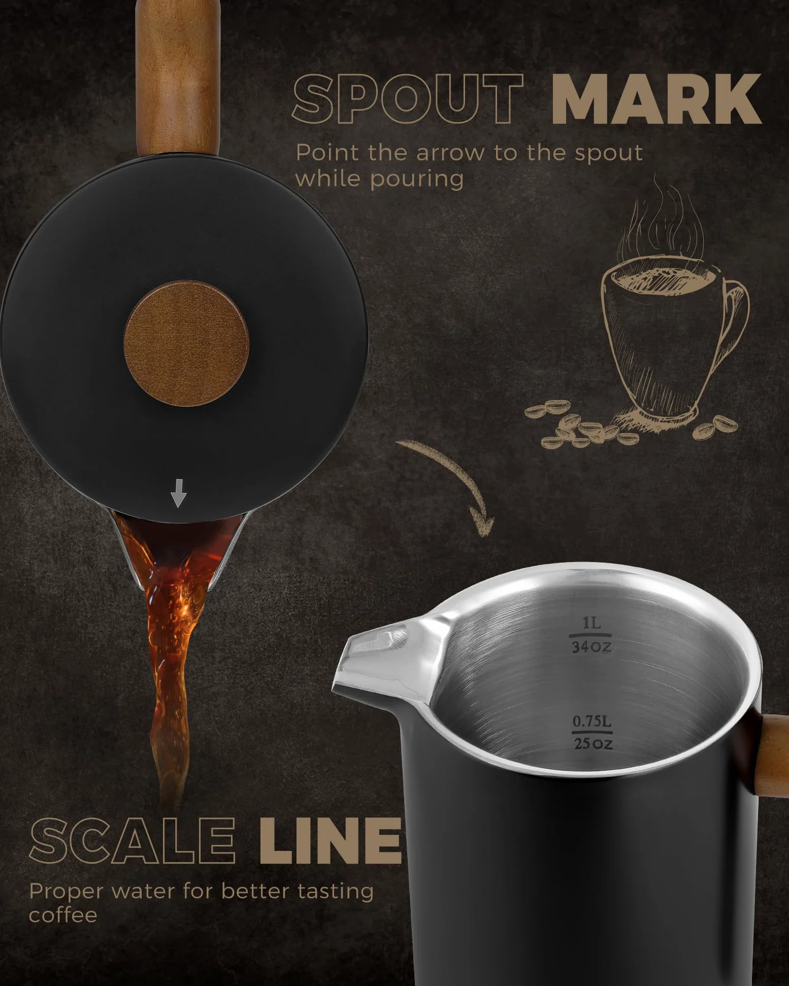 POLIVIAR 7379 POLIVIAR Cafetiere 8 tasses, cafetière à piston avec poignée en bois, cafetière isolée à double paroi et 1 filtre supplémentaire, presse à café en acier inoxydable pour un bon café et t