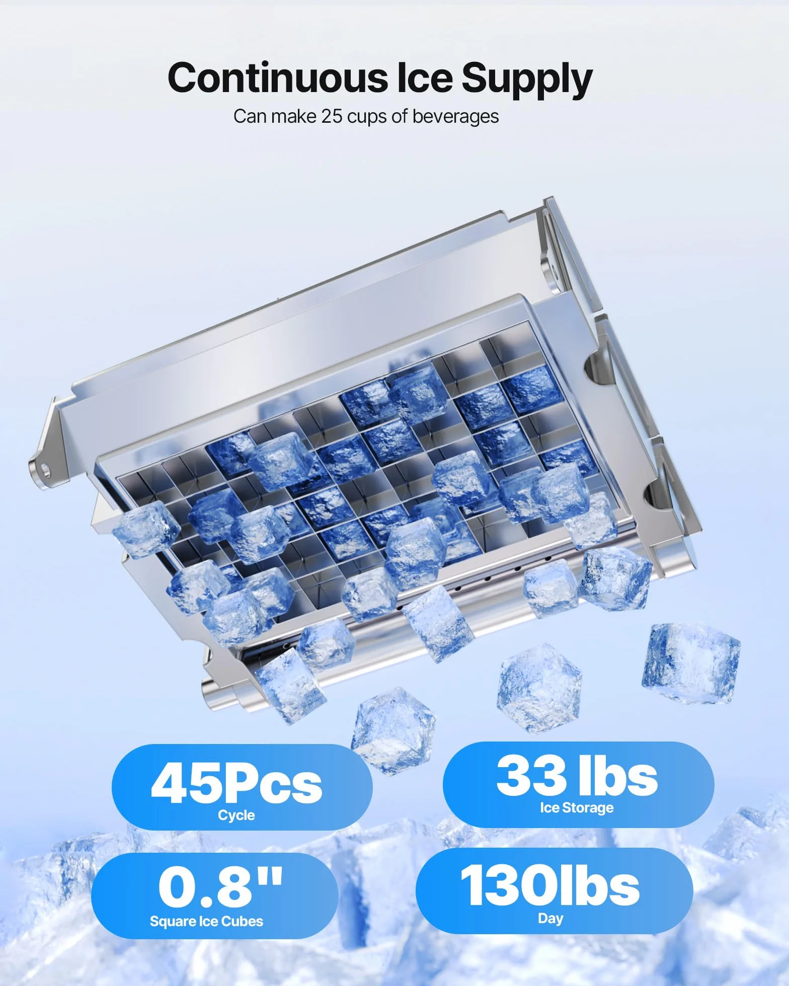 VEVOR Machine à Glaçons Commerciale 54,4 kg/24 h, 15 kg Stockage, 45 Cubes/Cycle, Écran LED Nettoyage Automatique