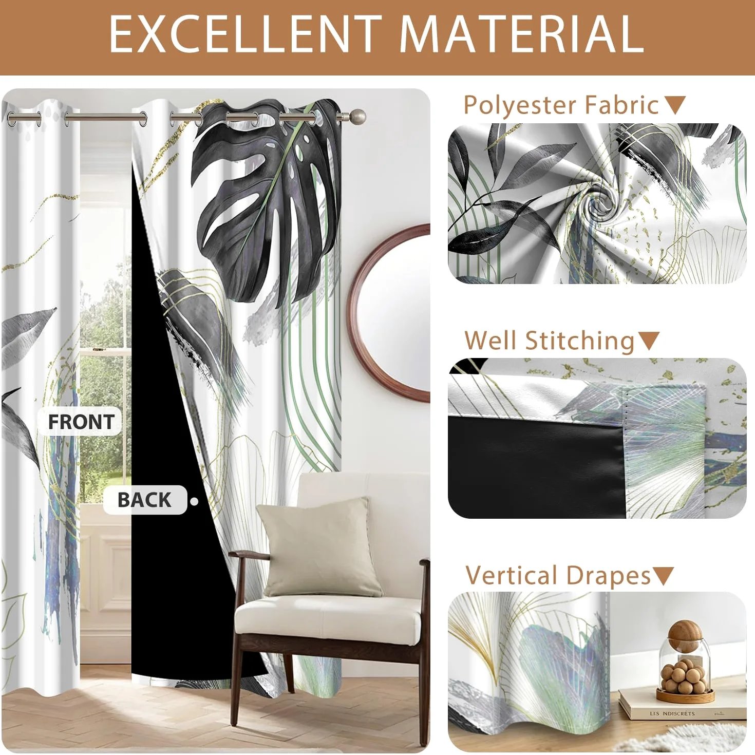 Rideaux Occultant Noir, Rideaux Occultant Tropical Boheme Feuilles de Palmier Rideau Thermiques Isolants Anti Froid et Chaleur Rideau à Oeillets pour Chambre Fenêtre, Lot de 2, 140x200cm