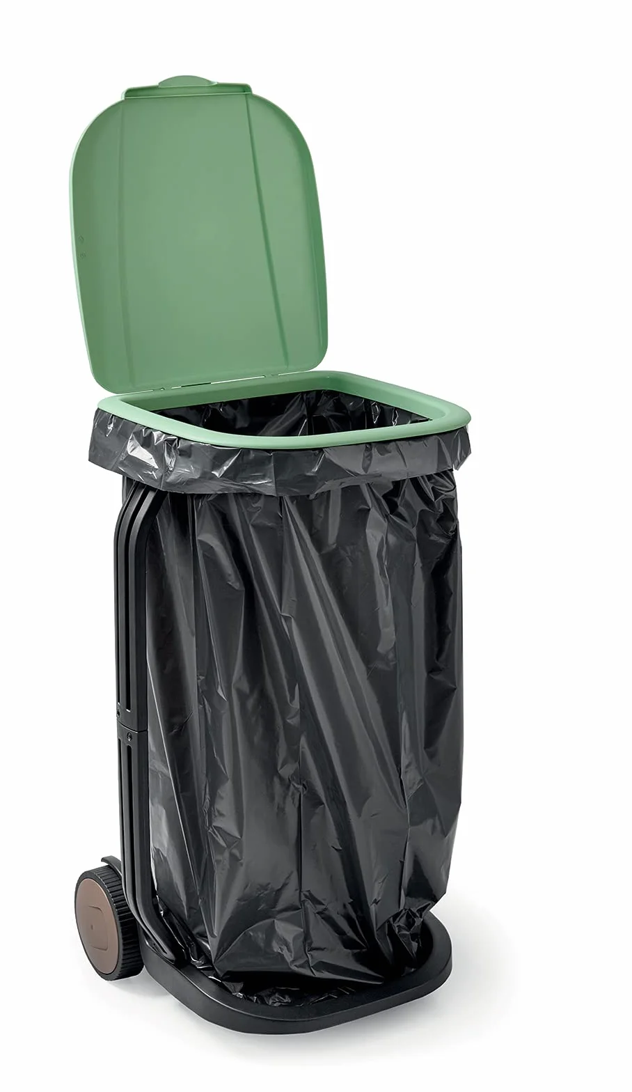 Chariot pour sacs à ordures plastique recyclé avec couvercle roues Noir
