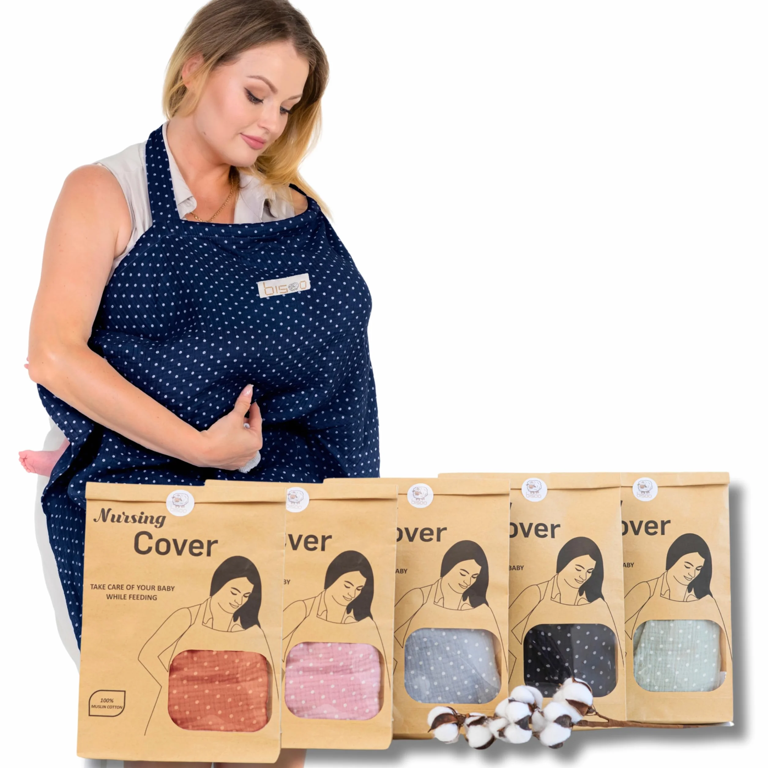 Bisoo Cape d' Allaitement Réglable en Mousseline 100% Coton - Couverture avec Sac Inclus - Bleu Marine