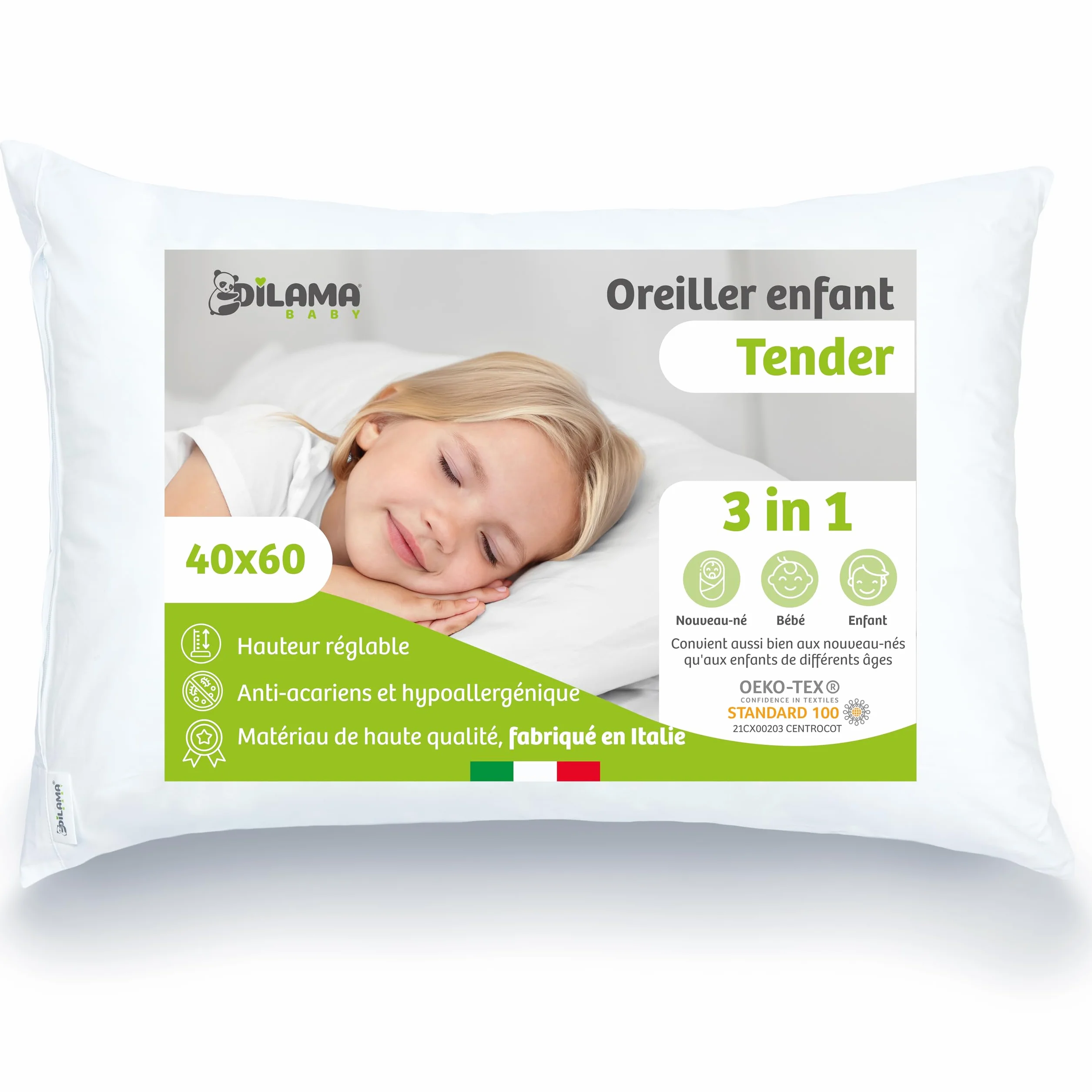 Coussin Enfant Évolutif Hauteur Réglable 40x60 Moelleux Hypoallergénique Anti Acarien Oeko-TEX Made in Italy