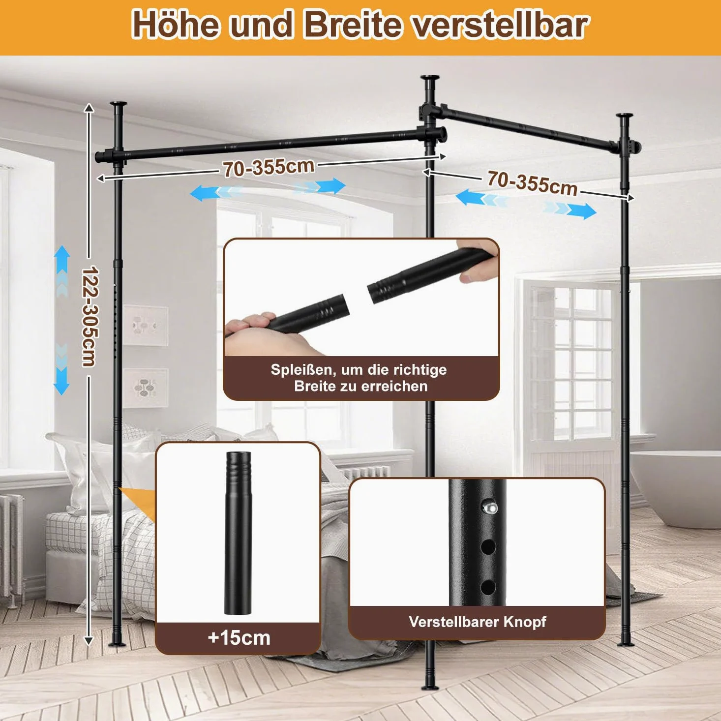 Tringle à rideau sans perçage, séparateur de pièce autonome, sans rideau, brise-vue pour salon, réglable, l 355 cm x H 320 cm, noir