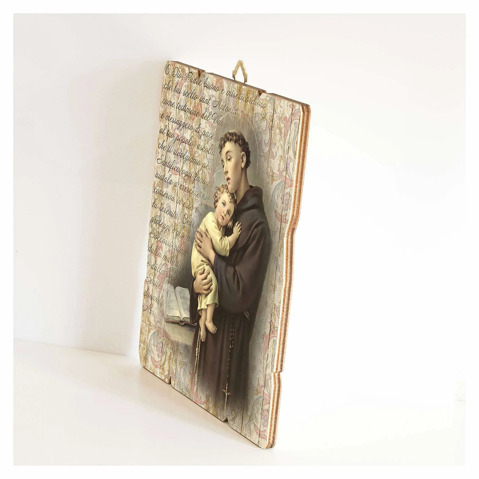 Tableau bois profilé St Antoine de Padoue avec crochet gravure manuscrit enluminé