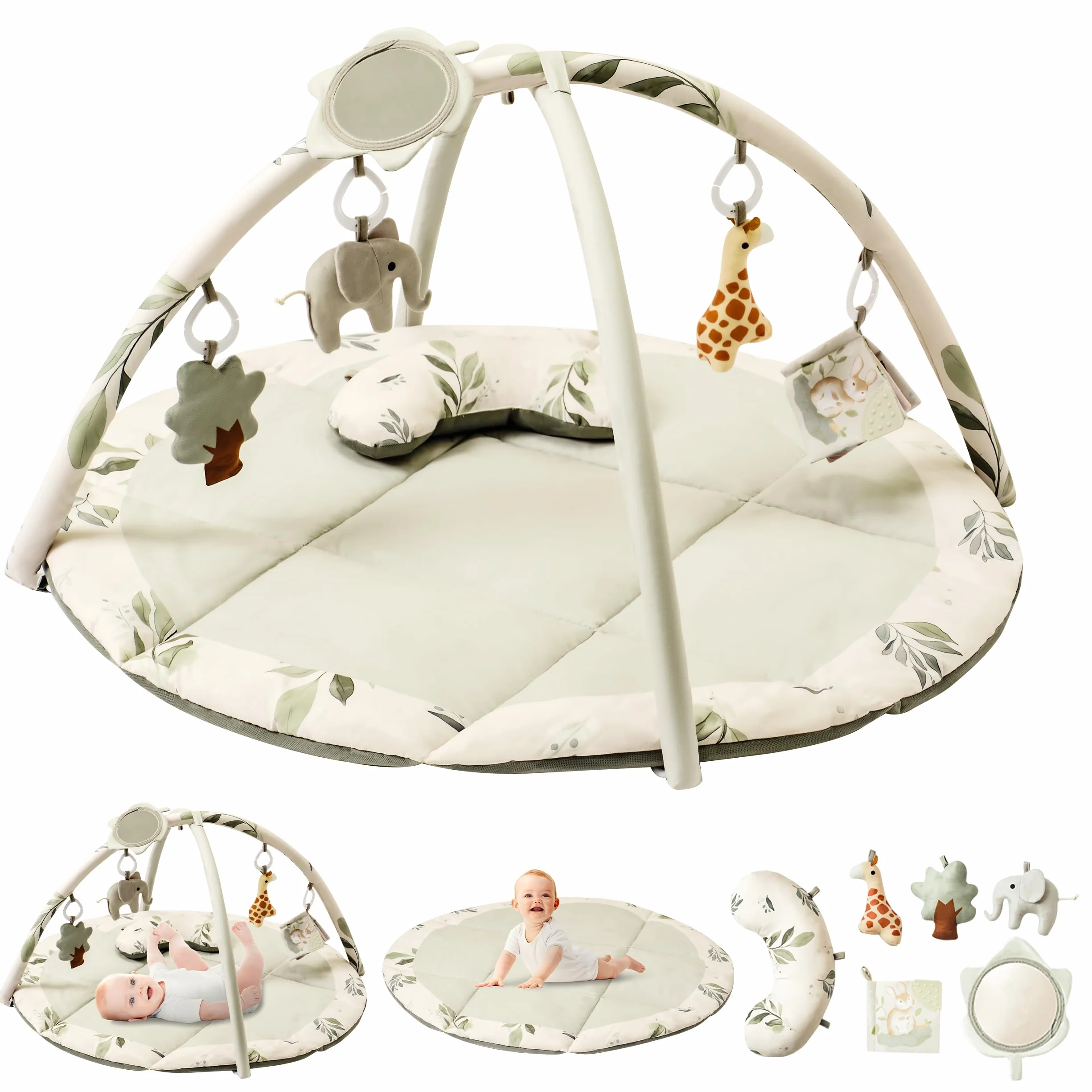 Tapis d'éveil Bébé avec Arche amovible et 5 Jouets d'activité, Thème Naturel, Fortella, Vert, pour Nouveau-né 0-12 Mois
