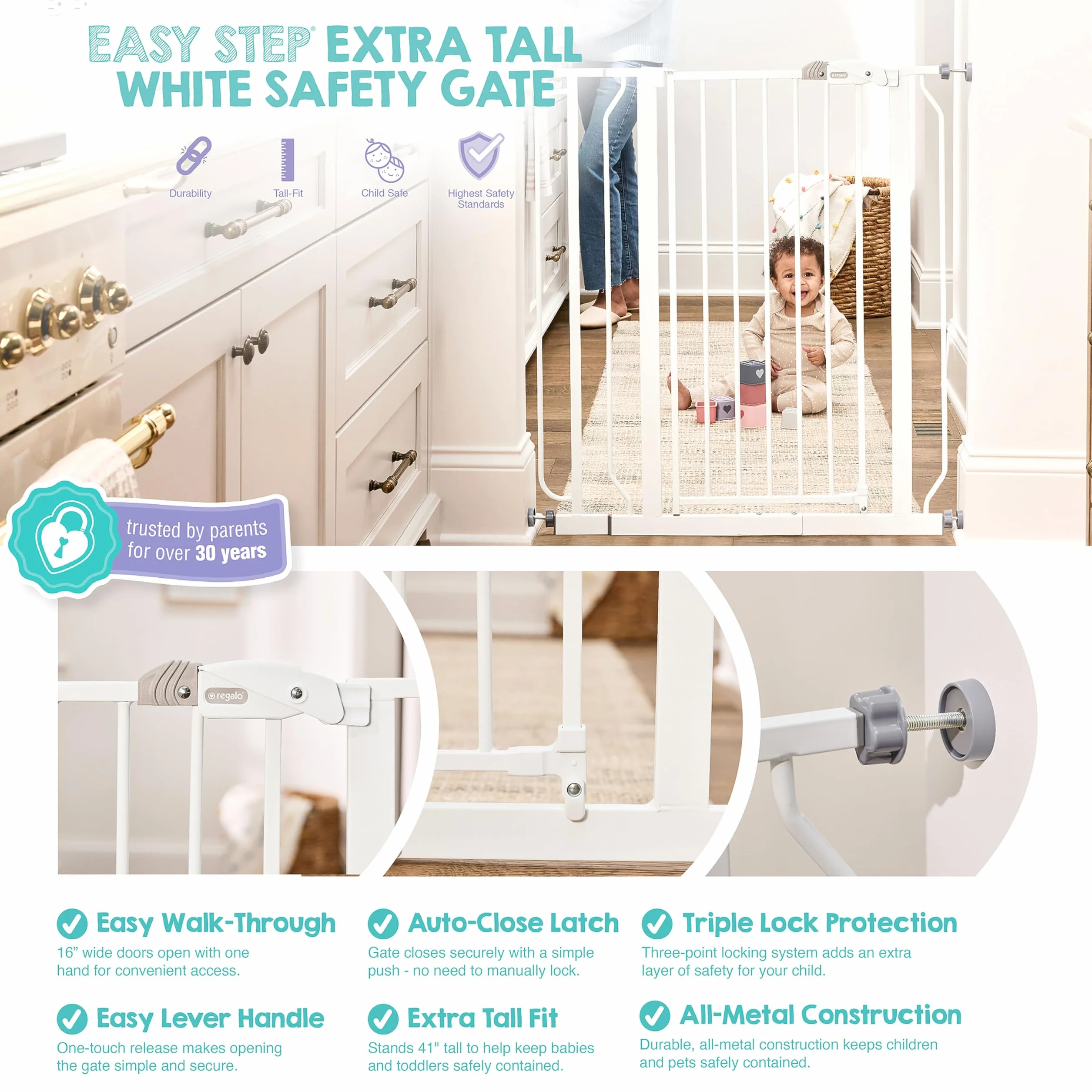Regalo Safety 91.4cm Extra Tall Baby Gate for Doorways, Fits Openings 73.6-90cm, Pressure Mounted