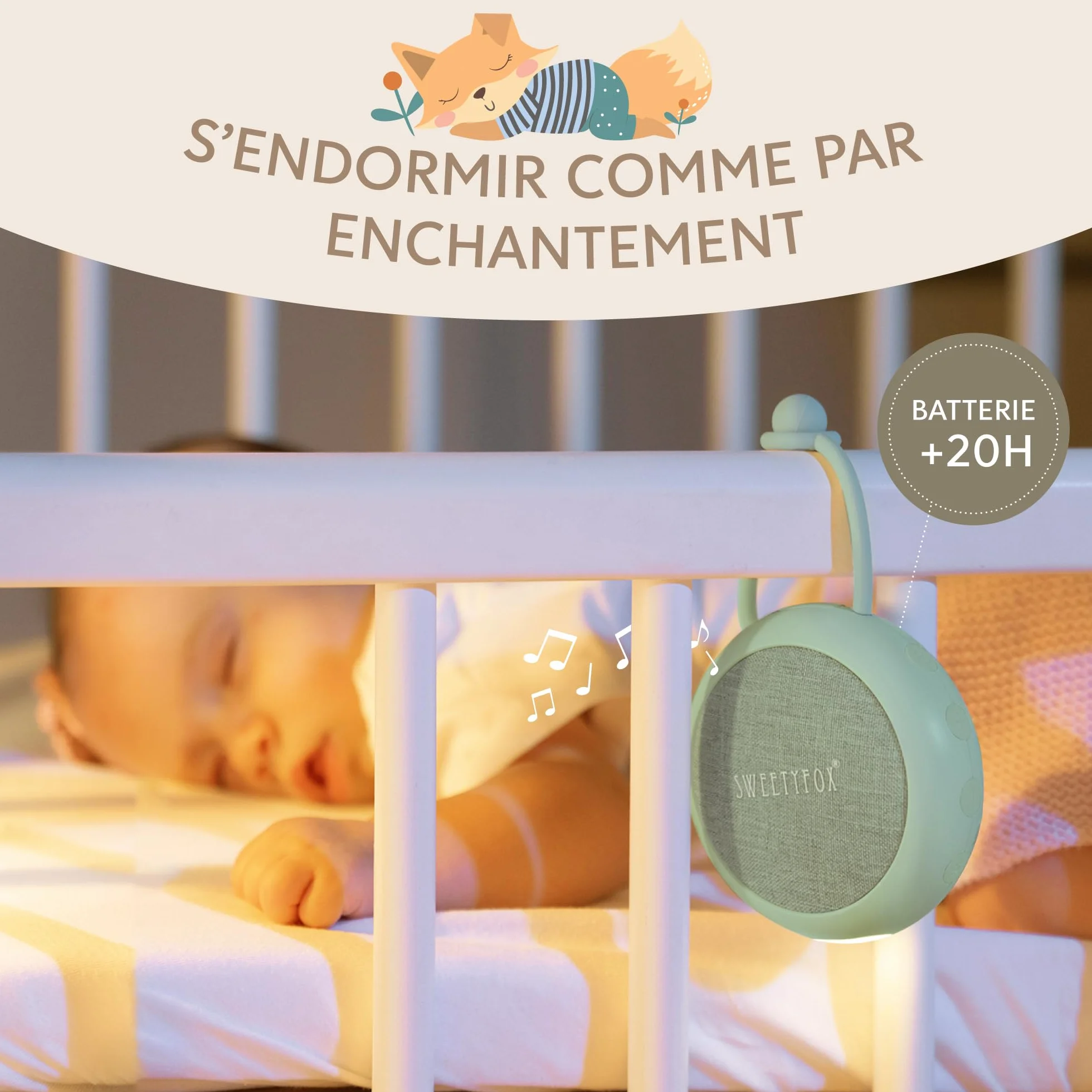 Sweety Fox Bruit Blanc Bebe Veilleuse 15 Sons USB Rechargeable Vert