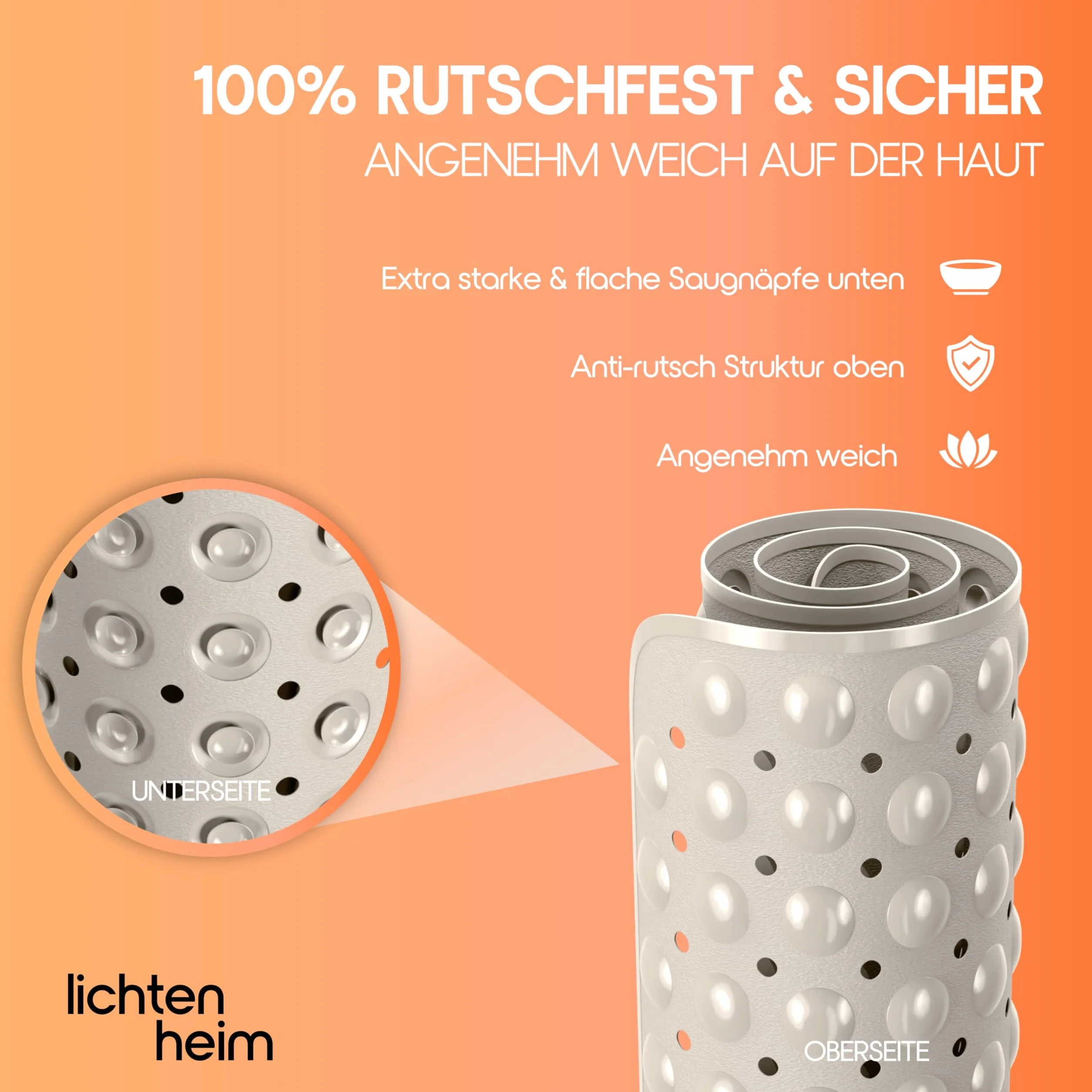 Tapis de douche antidérapant Sensitiv 100x40 cm avec 2 crochets - Tapis de bain sans BPA résistant à la moisissure et lavable