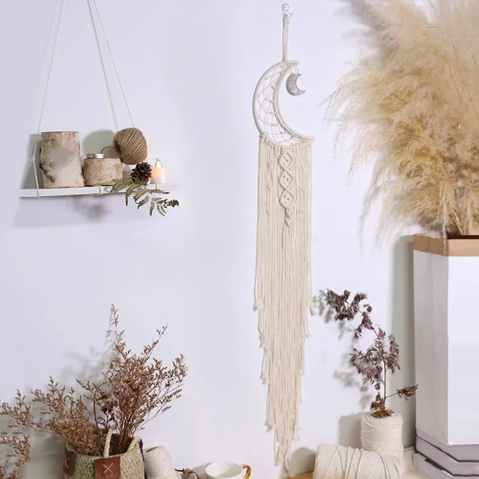 Bohème Chic Attrape-rêves Soleil Lune Étoile Macramé Décoration Murale Tissé pour Chambre de Fille