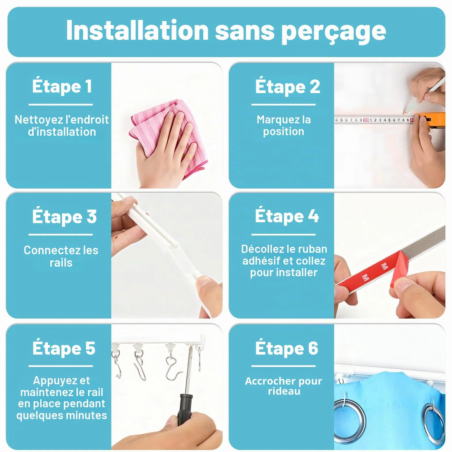 Tringle à Rideau Adhésive 3 Mètres Rails Sans Perçage pour Plafond et Mur
