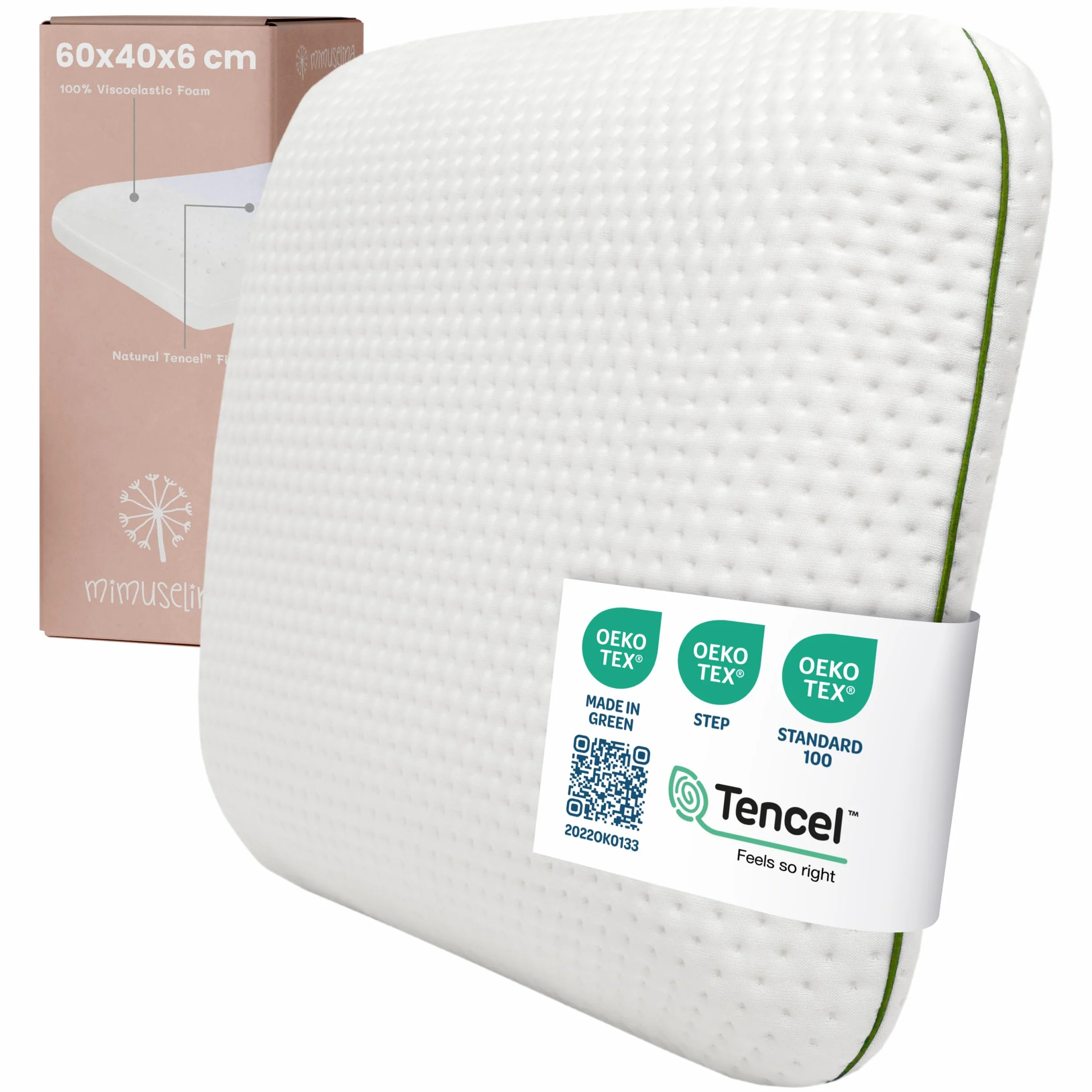 MIMUSELINA Oreiller Memoire Forme 50x30x5 cm pour Enfants Anti-Étouffement Hypoallergénique Housse Tencel Amovible
