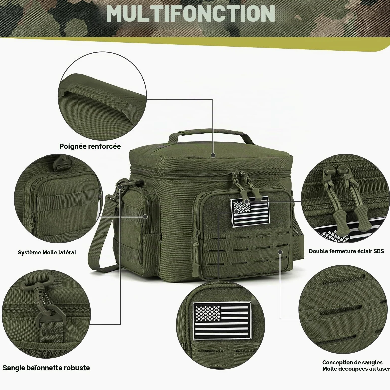 QT&QY Sac Repas Tactique 13L Militaire Renforcé - Glacière Isotherme Étanche Durable avec Système MOLLE Découpe Laser, pour Bureau/Camping/Pique-nique - Boîte Repas Adulte Hommes