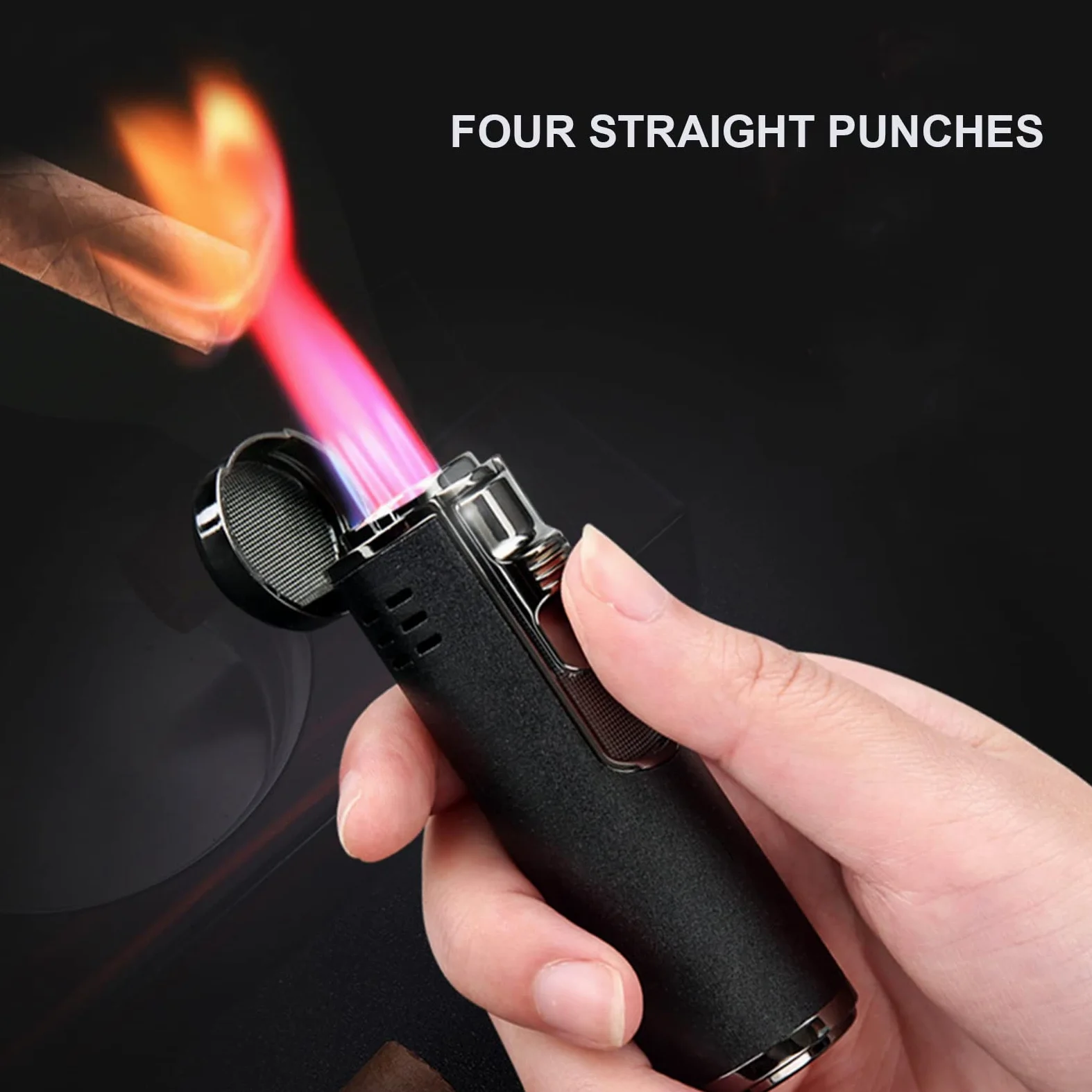 Generic Briquet Gonflable en Métal Cylindrique 4 Jet Flamme Rouge Rechargeable Butane Briquet Cigarette Allume-Cigare Accessoires Fumeurs pour Hommes,Silver