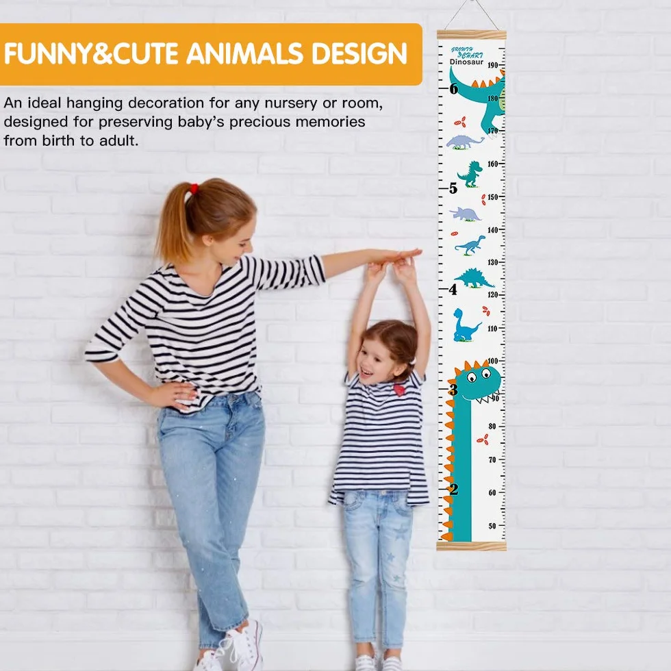 Outivity Toise Enfant Croissance Murale Règle Hauteur Amovible Toile Bois Mesure Décoration Chambre Dinosaure