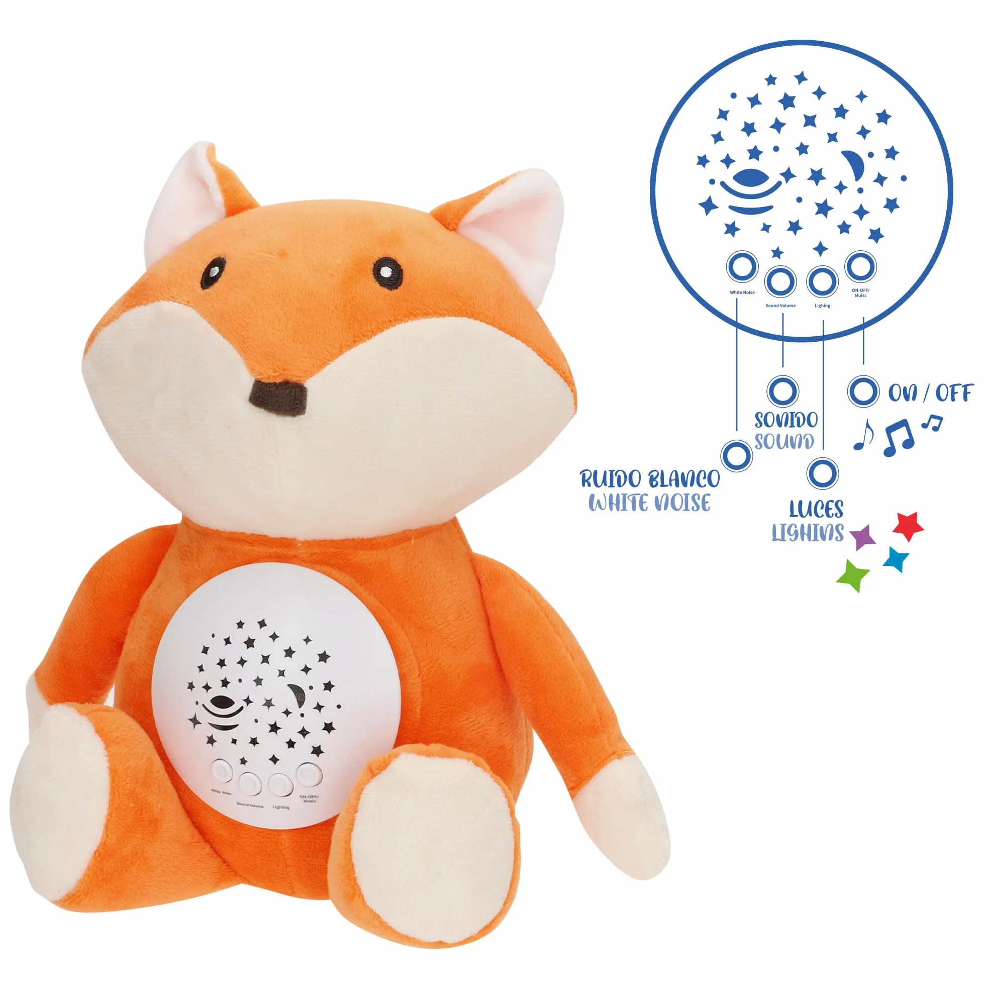 ColorBaby Genial Baby Projecteur étoiles renard 27 cm Veilleuse minuteur Peluche avec sons bruit blanc bébé