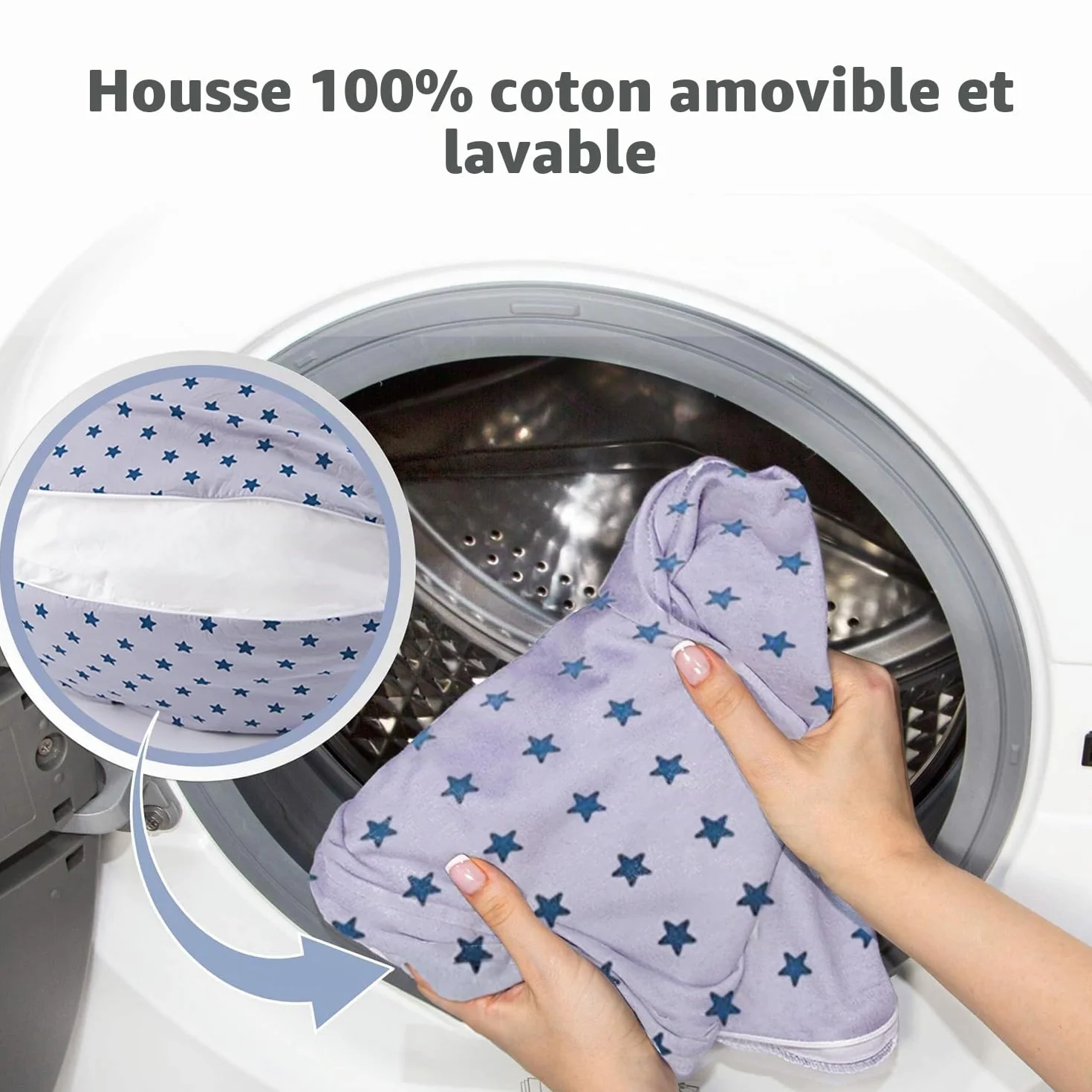Coussin Allaitement 2 en 1 XXL Grossesse avec Housse Coton Bleu
