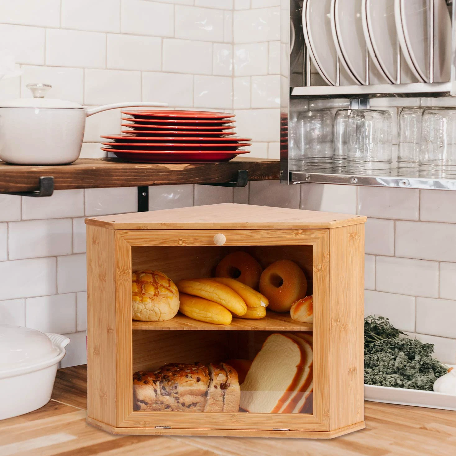 Leader Accessories Boîte à Pain en Bambou 2 Étages d’Angle | Boîte à pain en bambou à 2 étages, design d’angle compact pour pains, baguettes et viennoiseries