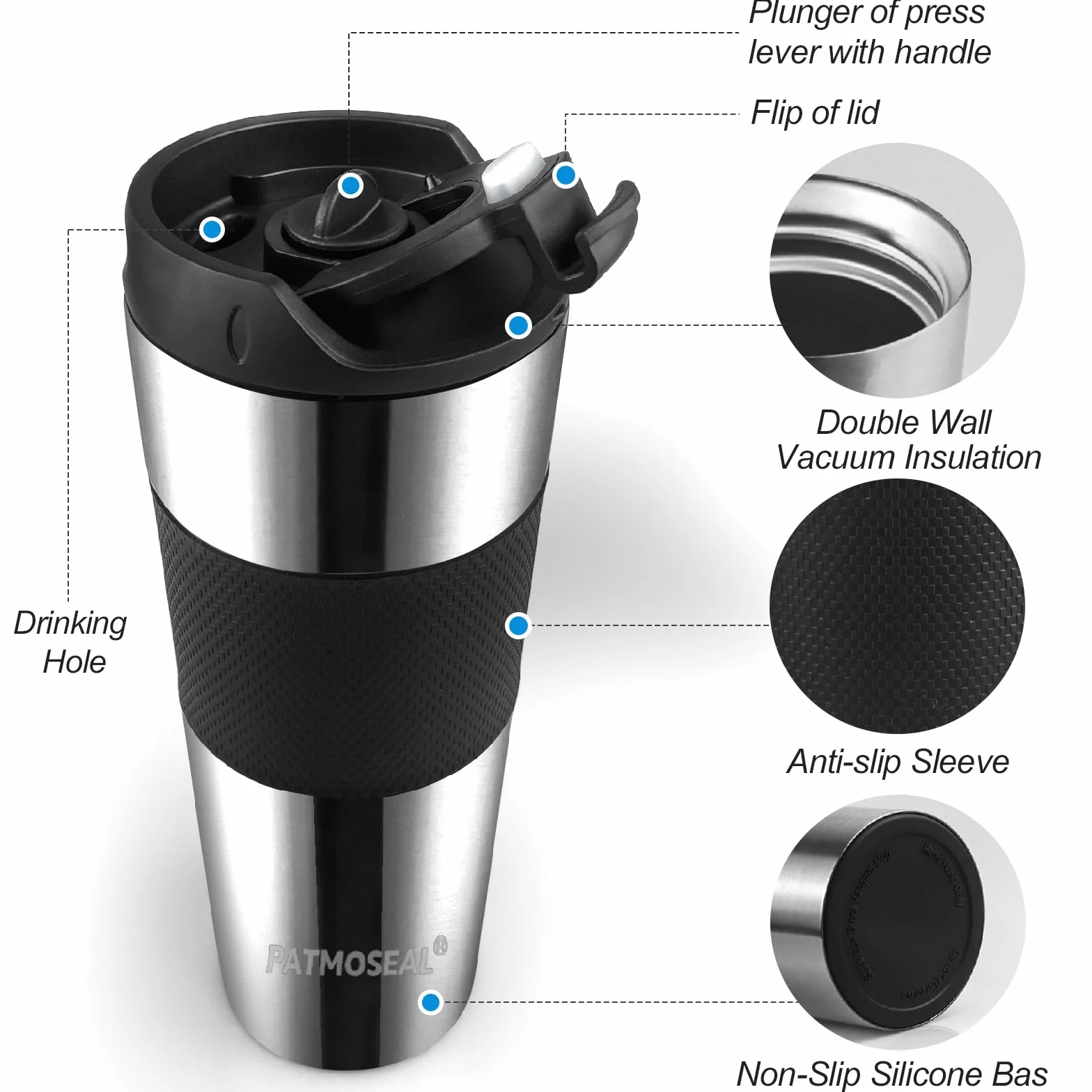 Tasse de voyage isotherme à piston étanche 450 ml argenté – Cafetière portable sous vide 3 tasses