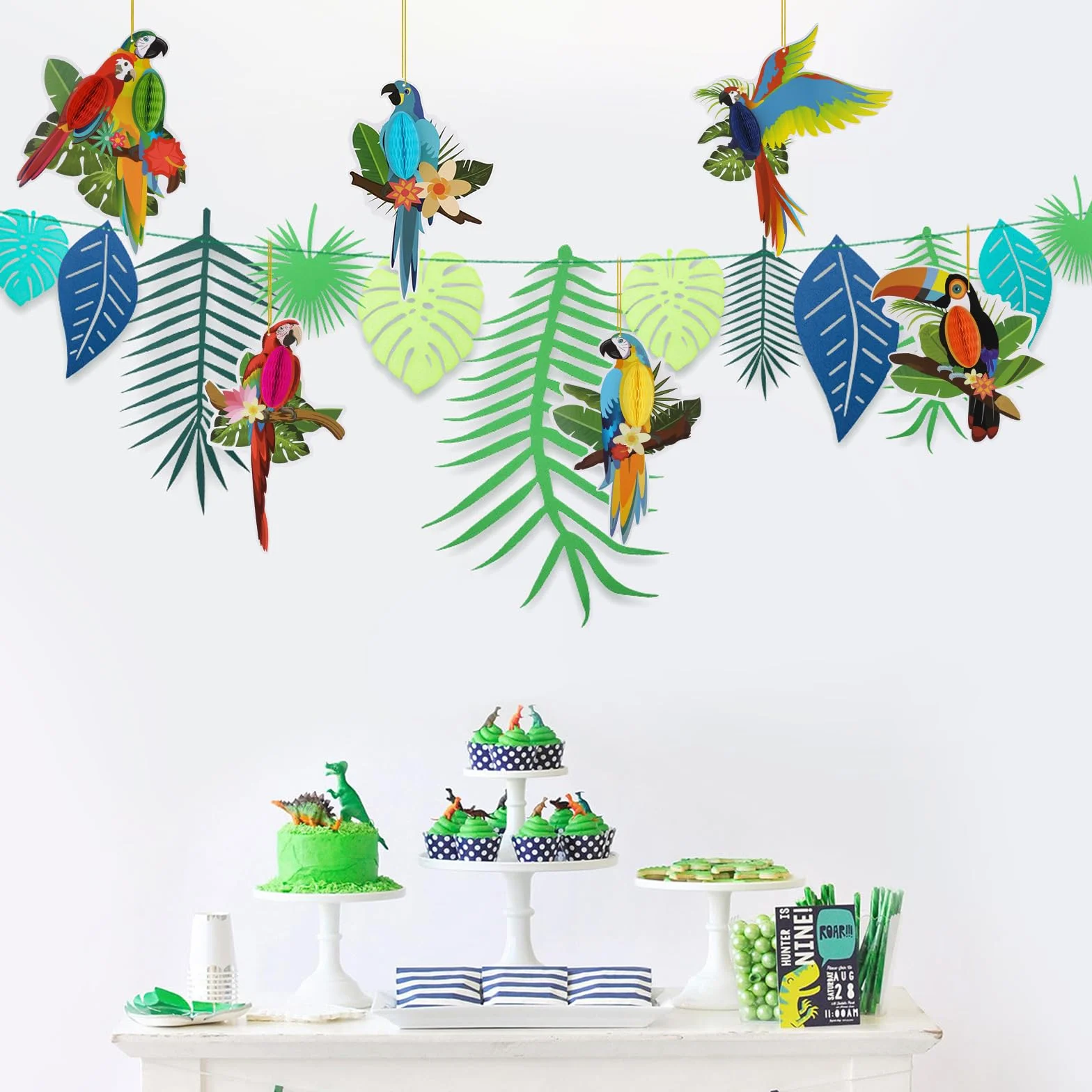 Lot de 6 découpes en papier nid d'abeille oiseaux tropicaux, perroquet hawaïen, décoration fête forêt tropicale