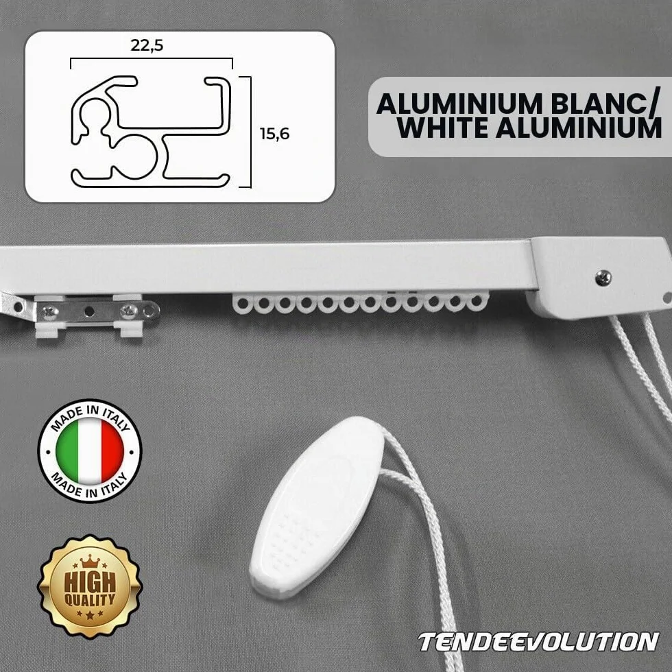 Rail de Rideau Linéaire en Aluminium Blanc Personnalisable, Complet avec Accessoires de Fixation, Mouvement à Corde, Tringle à Rideaux Coulissante pour Plafond ou Mur (160CM MOUVEMENT À CORDE)