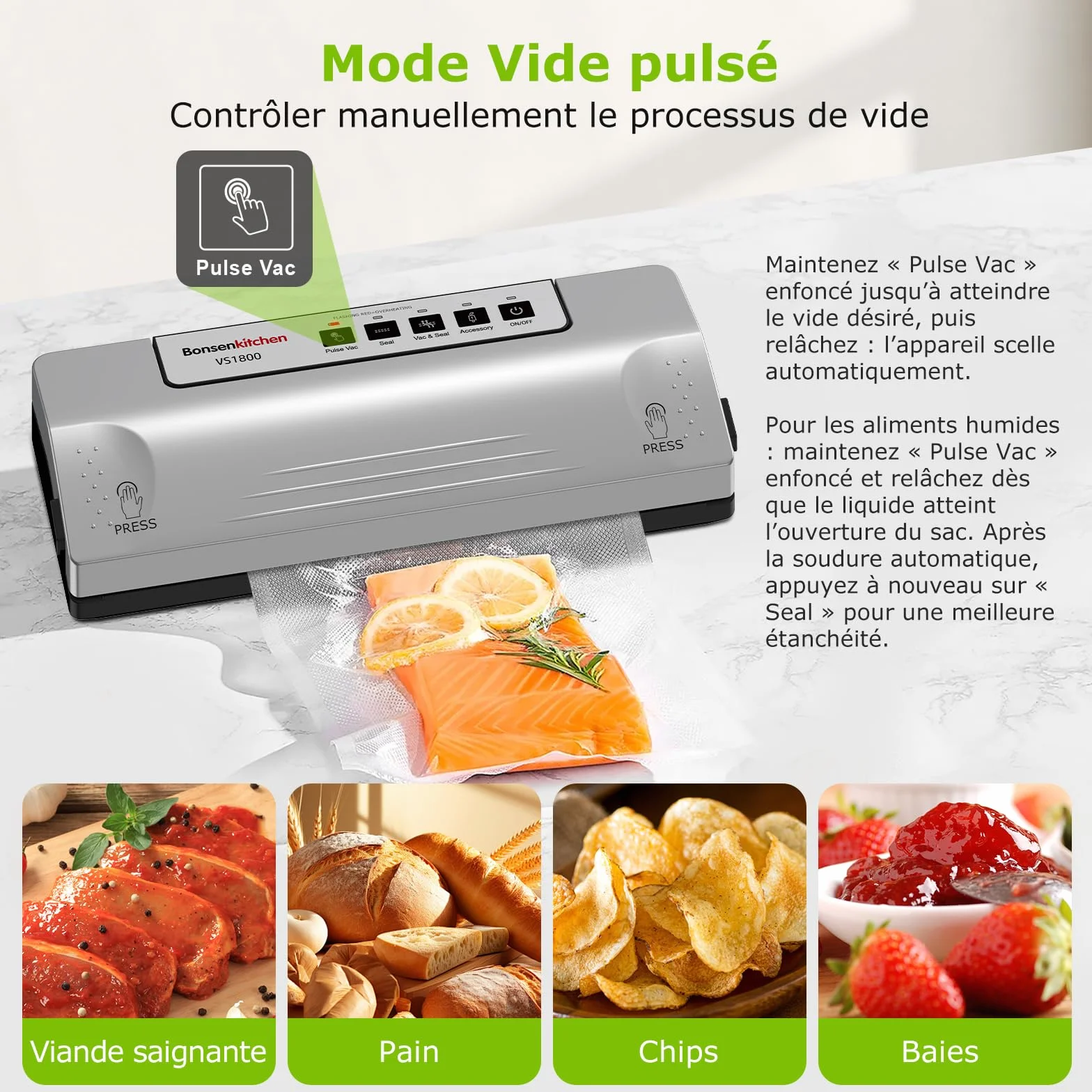 Bonsenkitchen Machine Sous Vide VS1800, Soudure Robuste 30 cm, Fonction Pulse