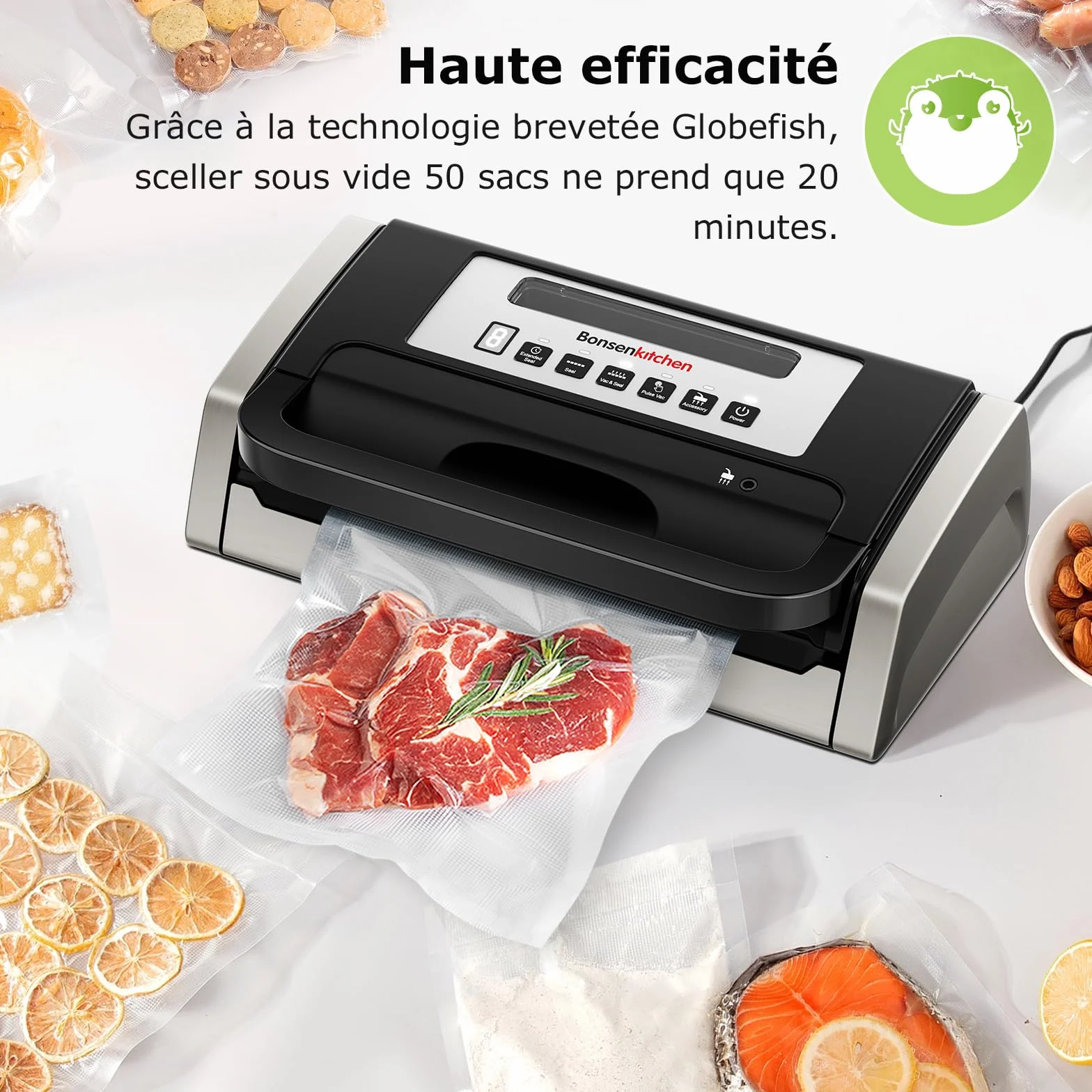 Machine Sous Vide Alimentaire Bonsenkitchen Globefish, Silencieuse, Poignée Verrouillée, Noir