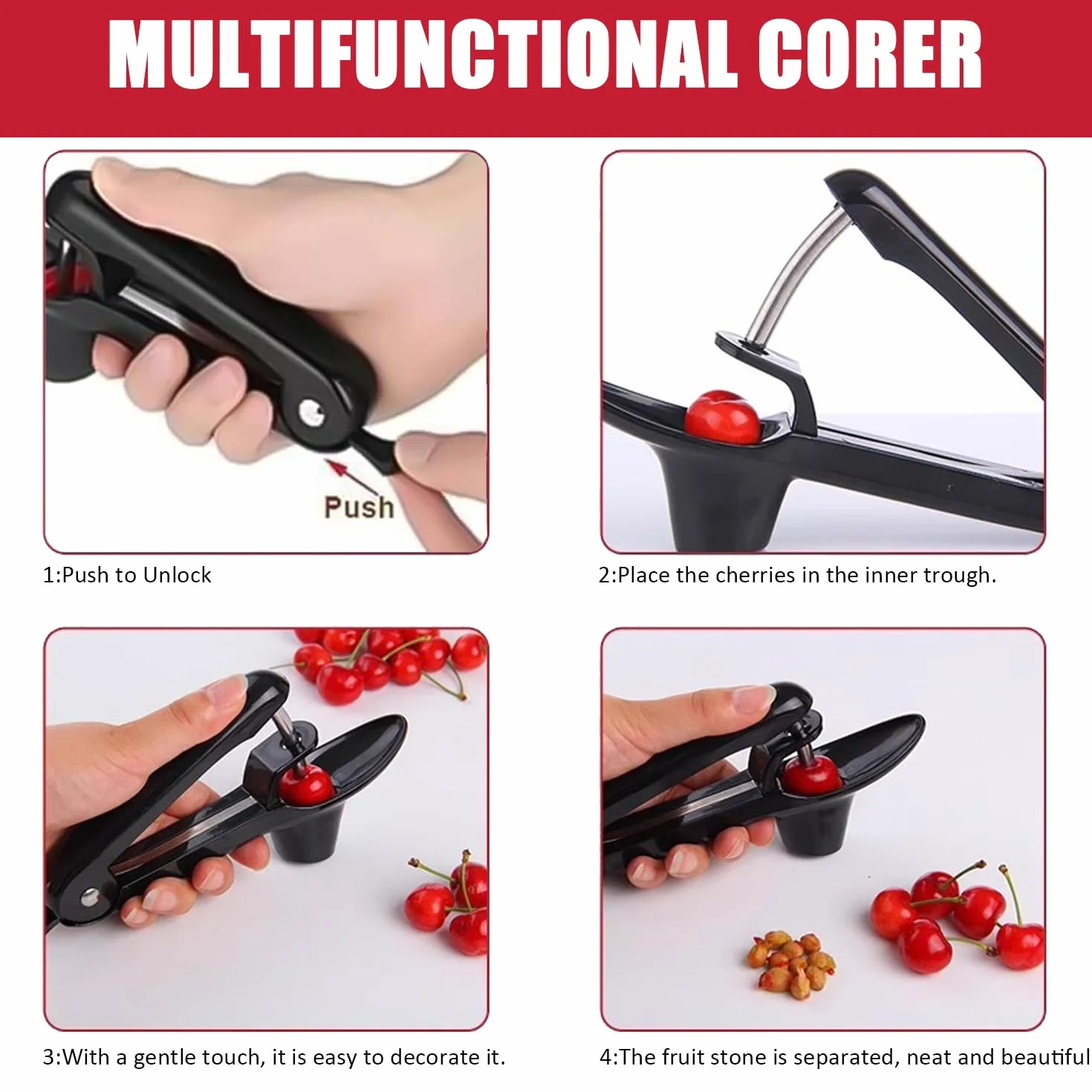 Dénoyauteur Cerises Manuel en Acier Inoxydable - Snocciolateur pour Olives & Fruits à Noyau, Outil pour Confiture et Desserts (Noir)