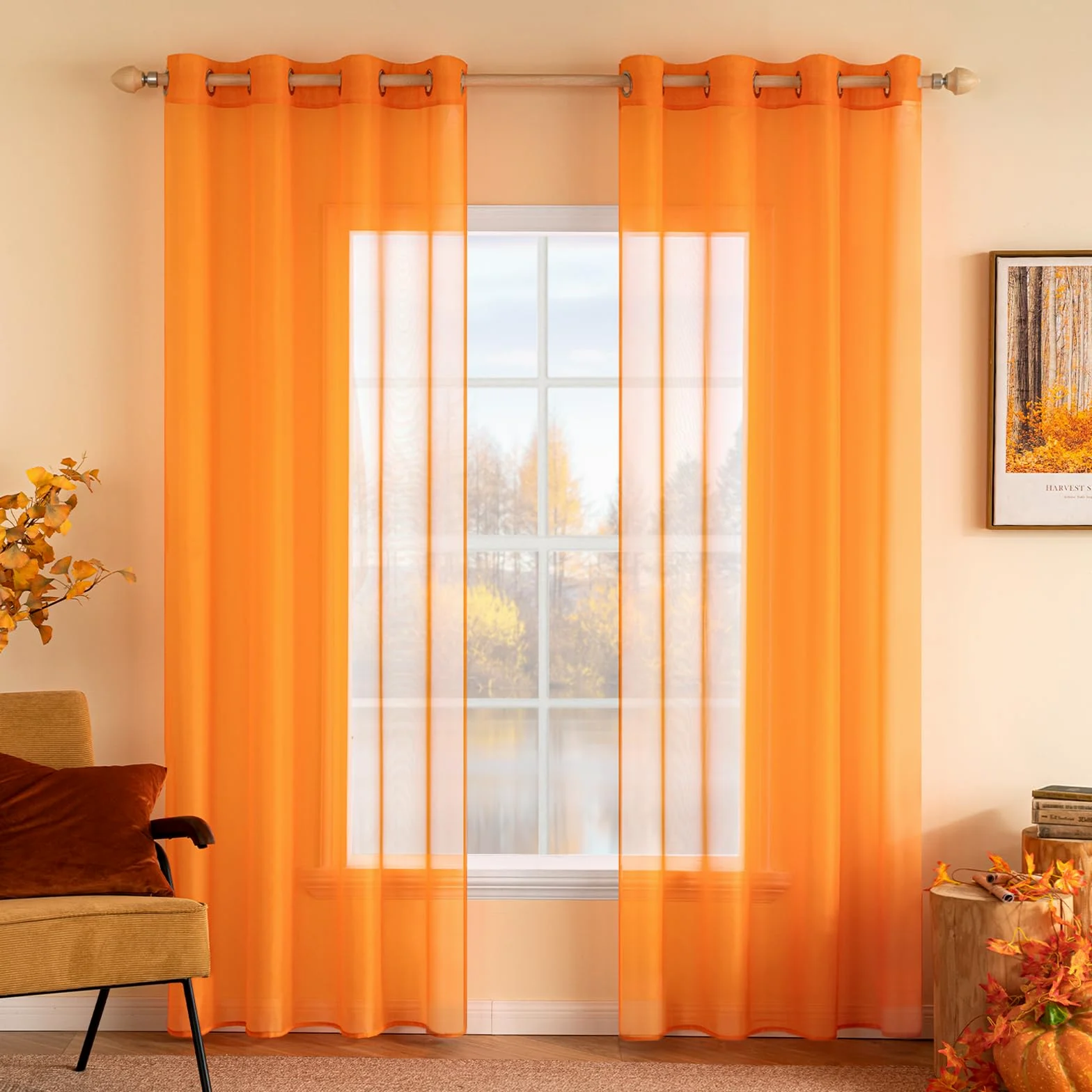 MIULEE 2 Panneaux Rideaux Transparents Fenêtre 140x225cm Orange | Rideaux transparents unis pour fenêtre, tissu lisse élégant adapté au salon et chambre